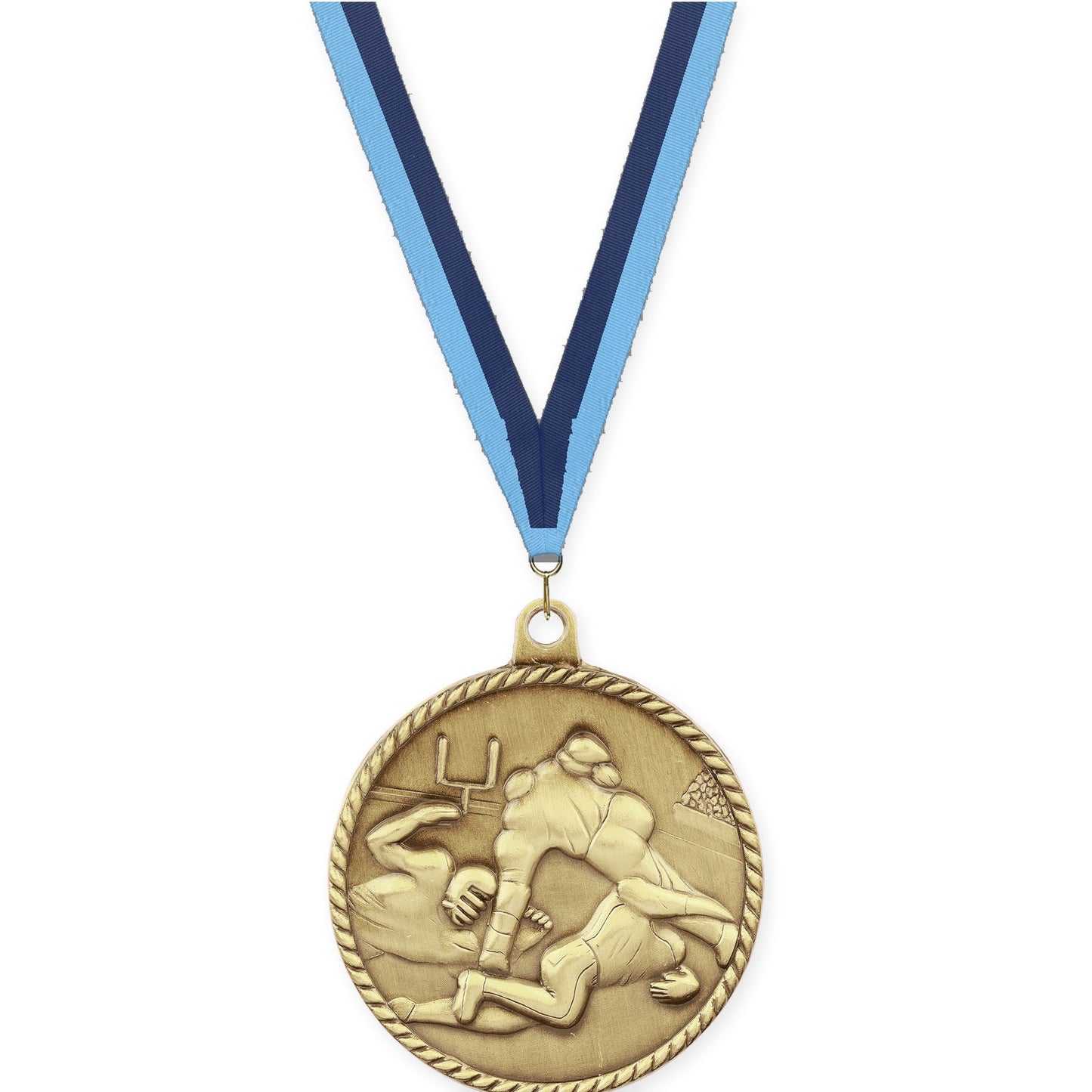 2 inch football High Relief medal in bright gold with Light Blue Navy neck ribbon