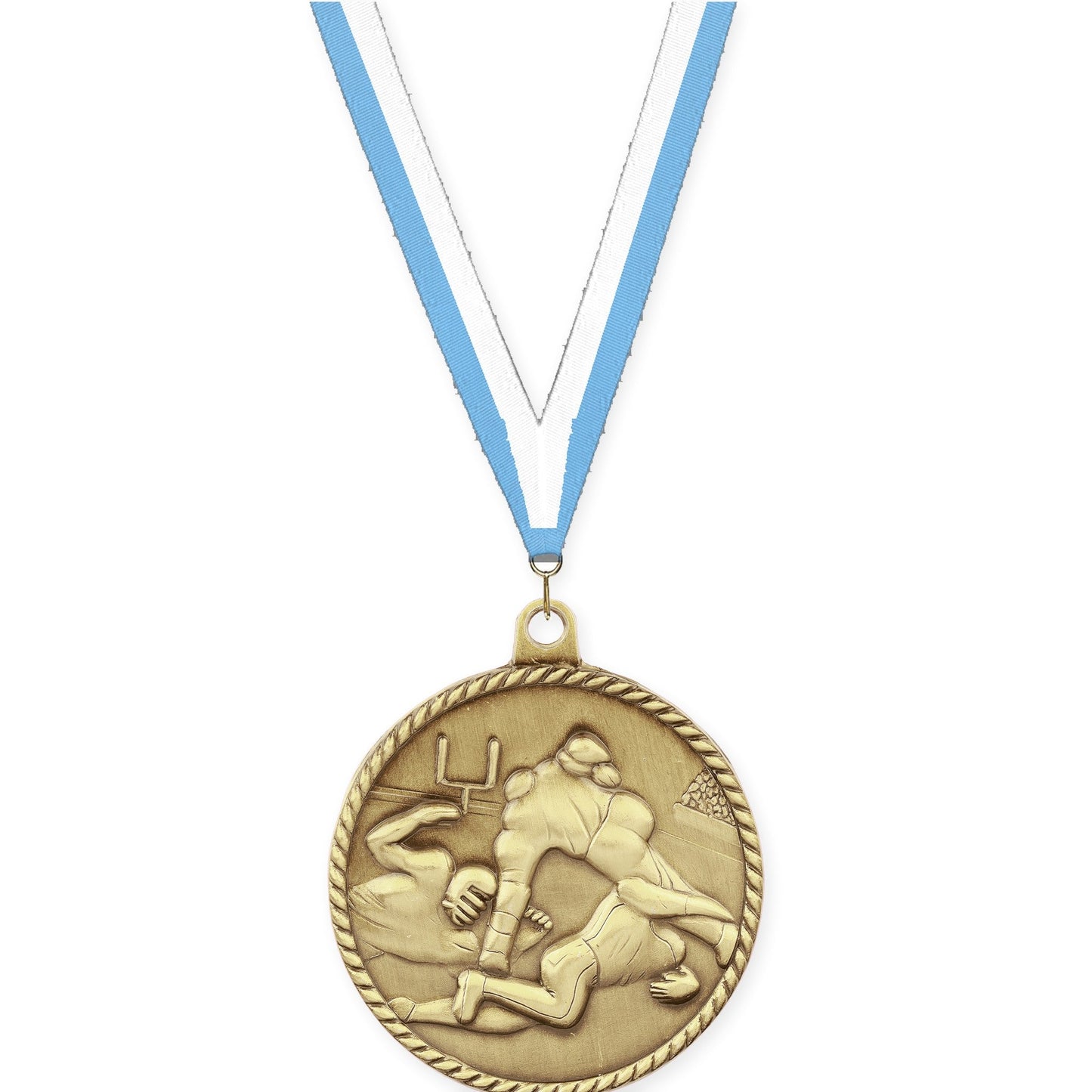 2 inch football High Relief medal in bright gold with Light Blue White neck ribbon
