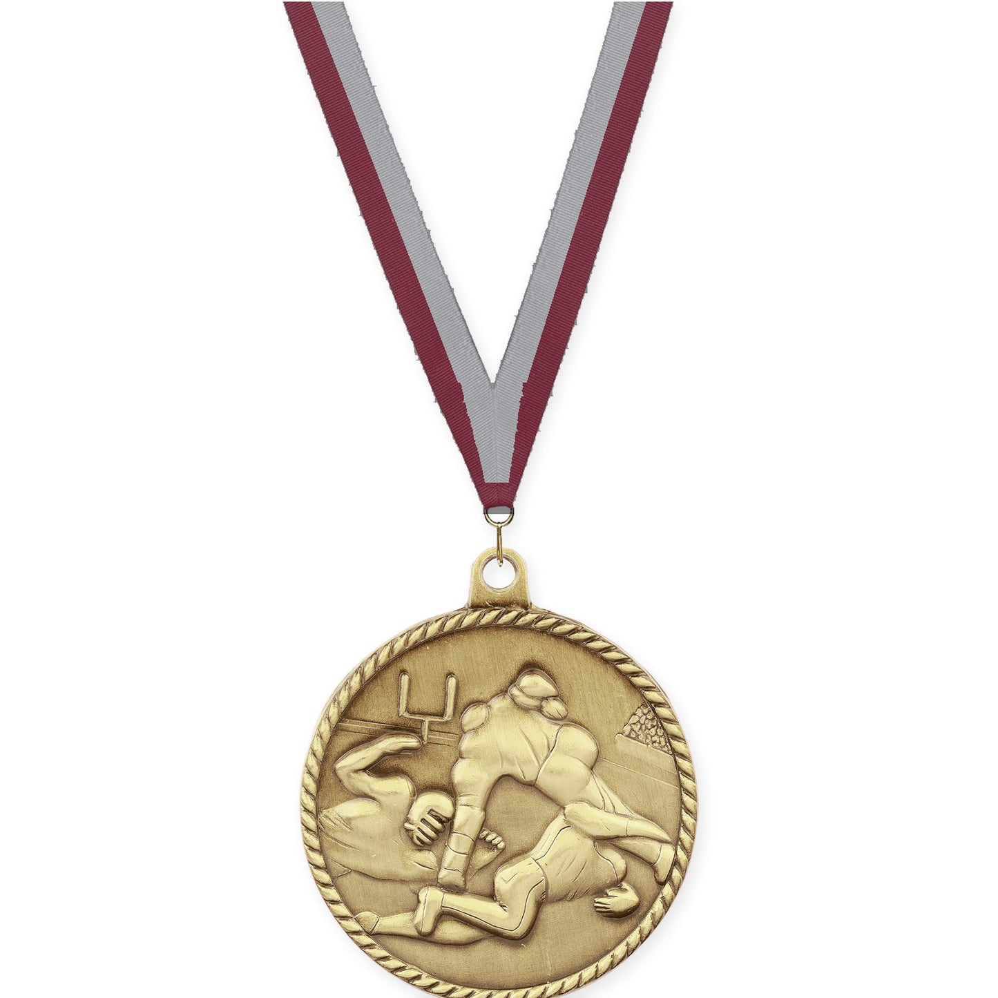 2 inch football High Relief medal in bright gold with Maroon Gray neck ribbon