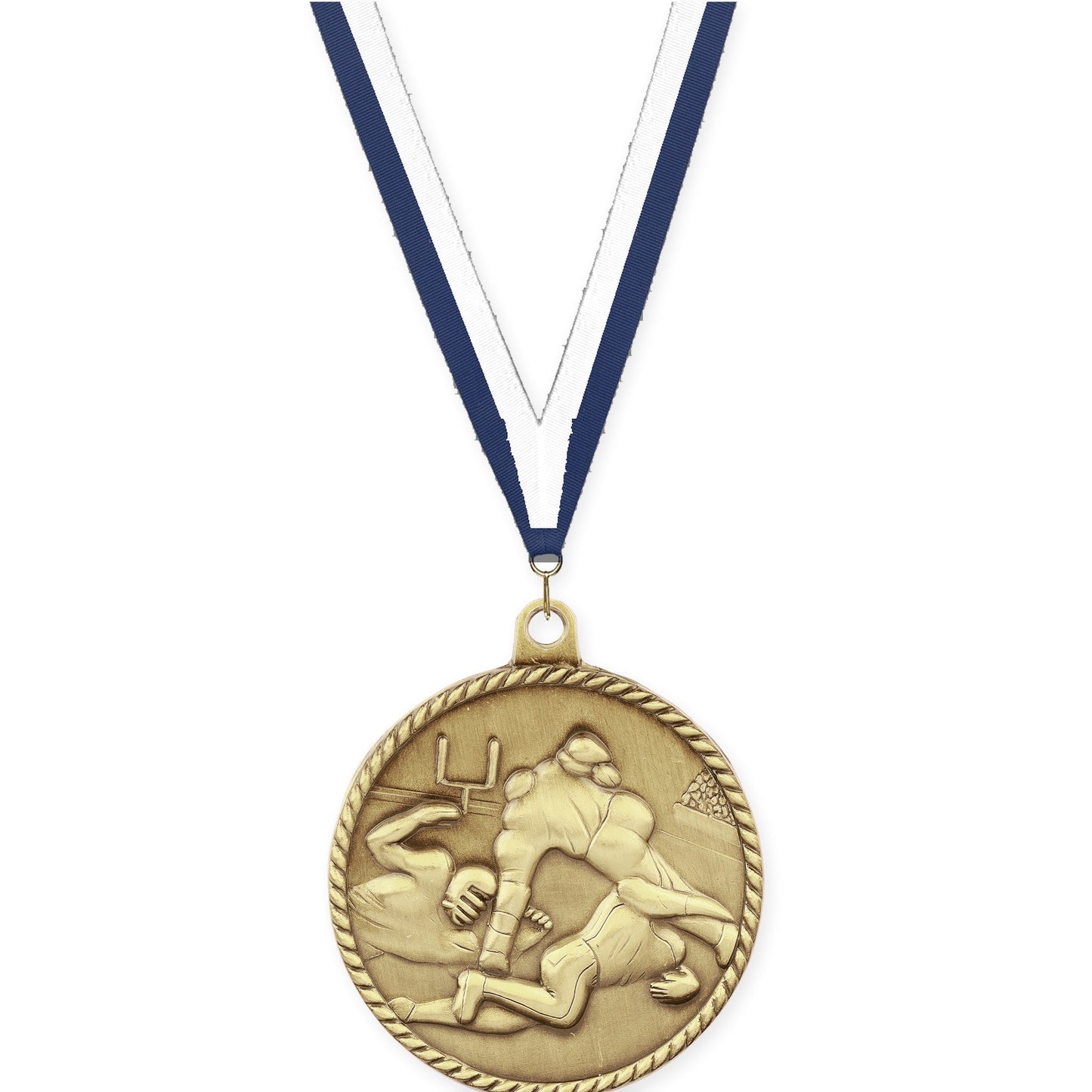 2 inch football High Relief medal in bright gold with Navy White neck ribbon