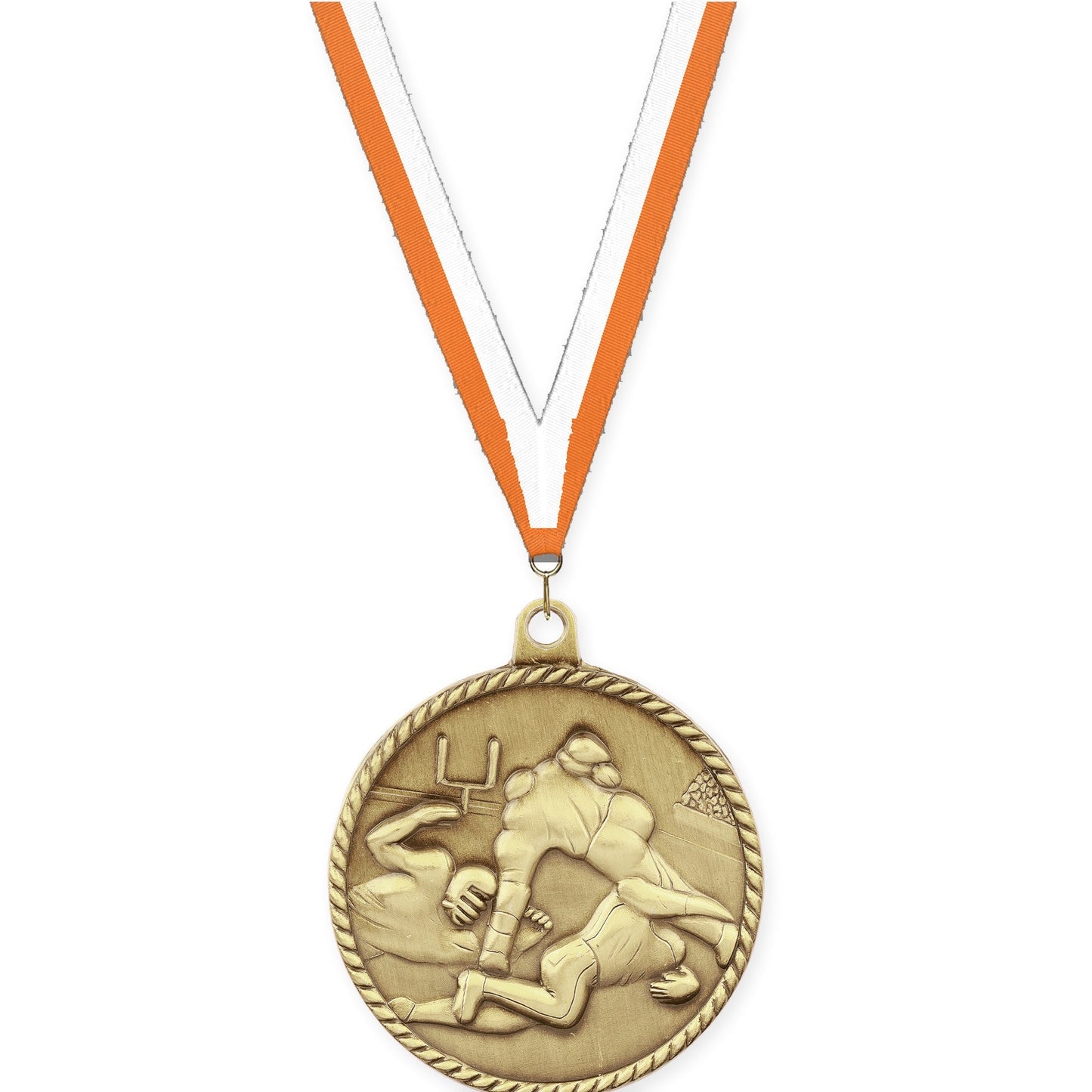 2 inch football High Relief medal in bright gold with Orange White neck ribbon