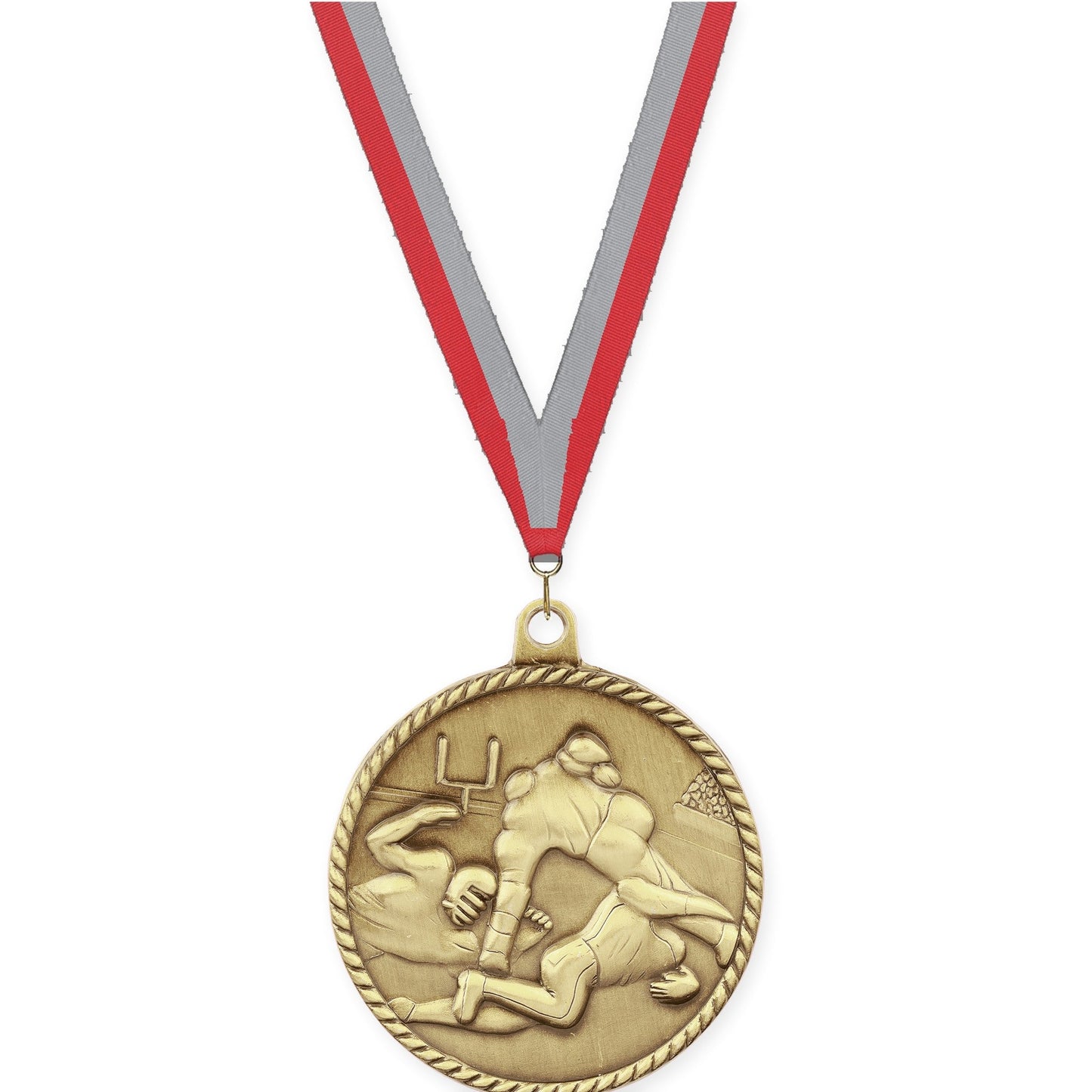2 inch football High Relief medal in bright gold with Red Gray neck ribbon