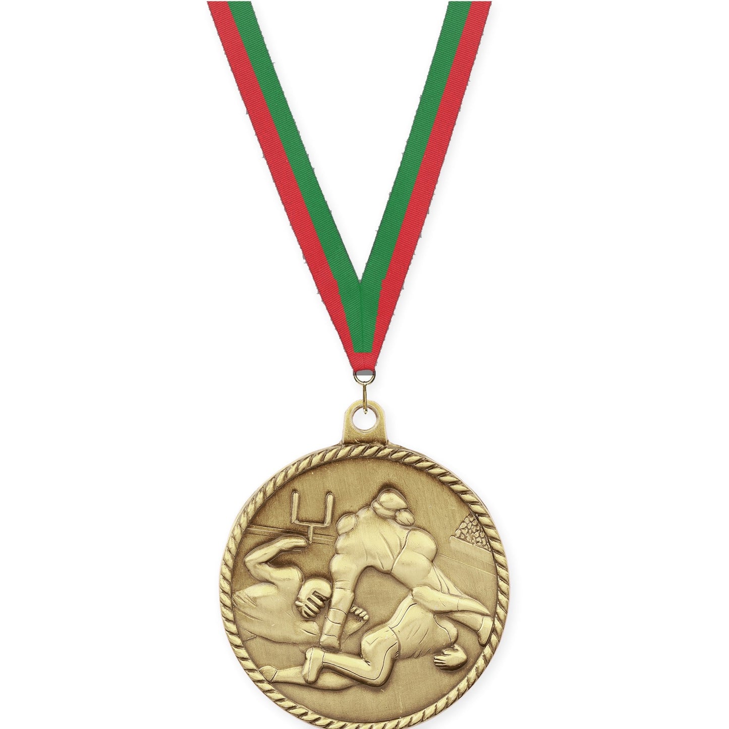 2 inch football High Relief medal in bright gold with Red Green neck ribbon
