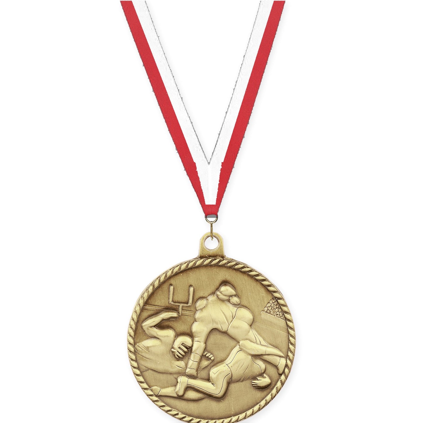 2 inch football High Relief medal in bright gold with Red White neck ribbon