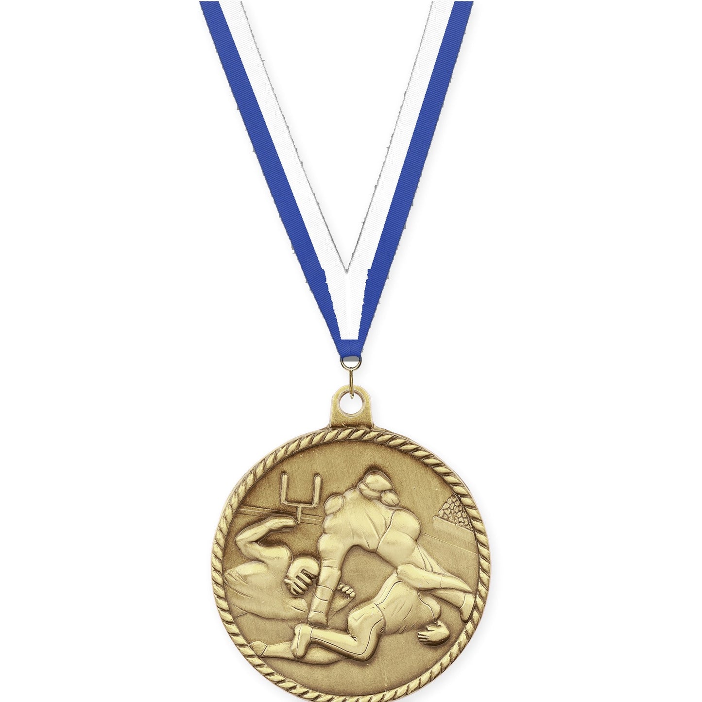 2 inch football High Relief medal in bright gold with Blue White neck ribbon