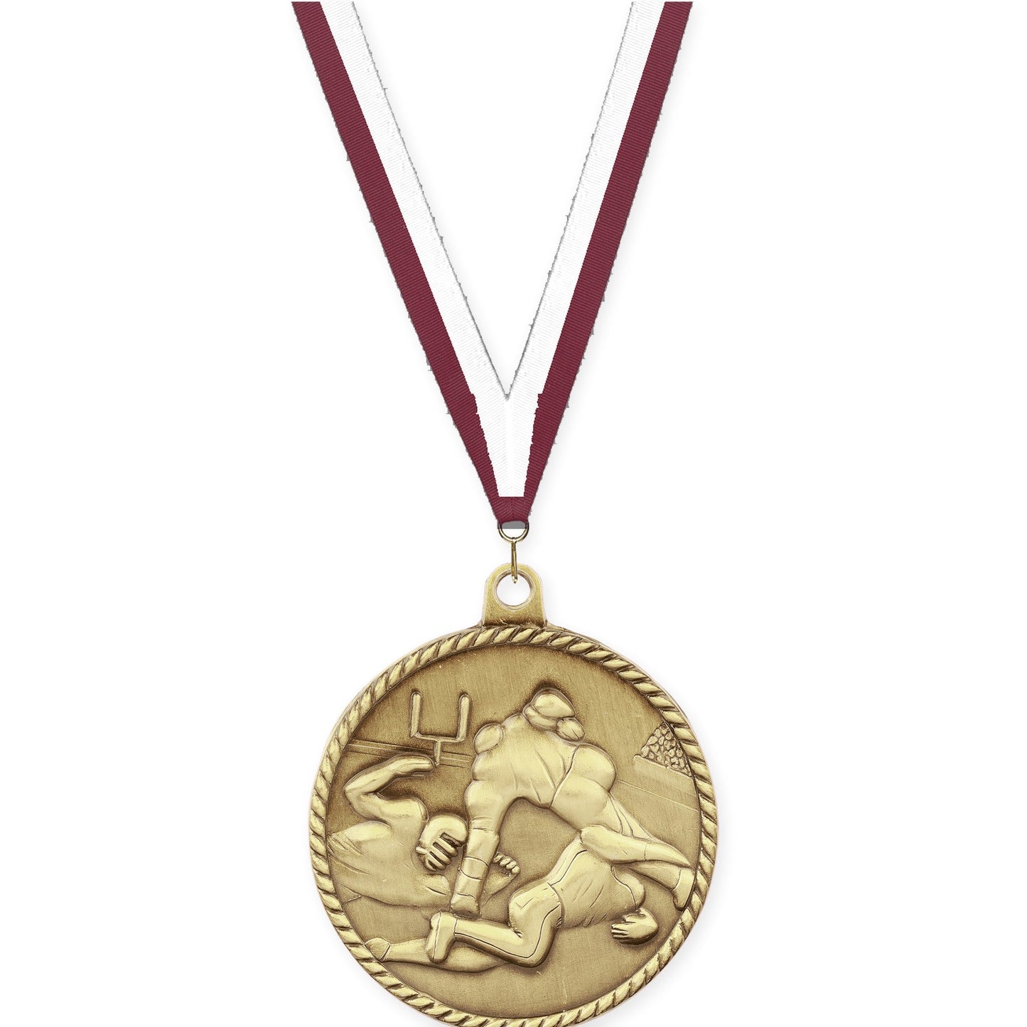 2 inch football High Relief medal in bright gold with Maroon White neck ribbon