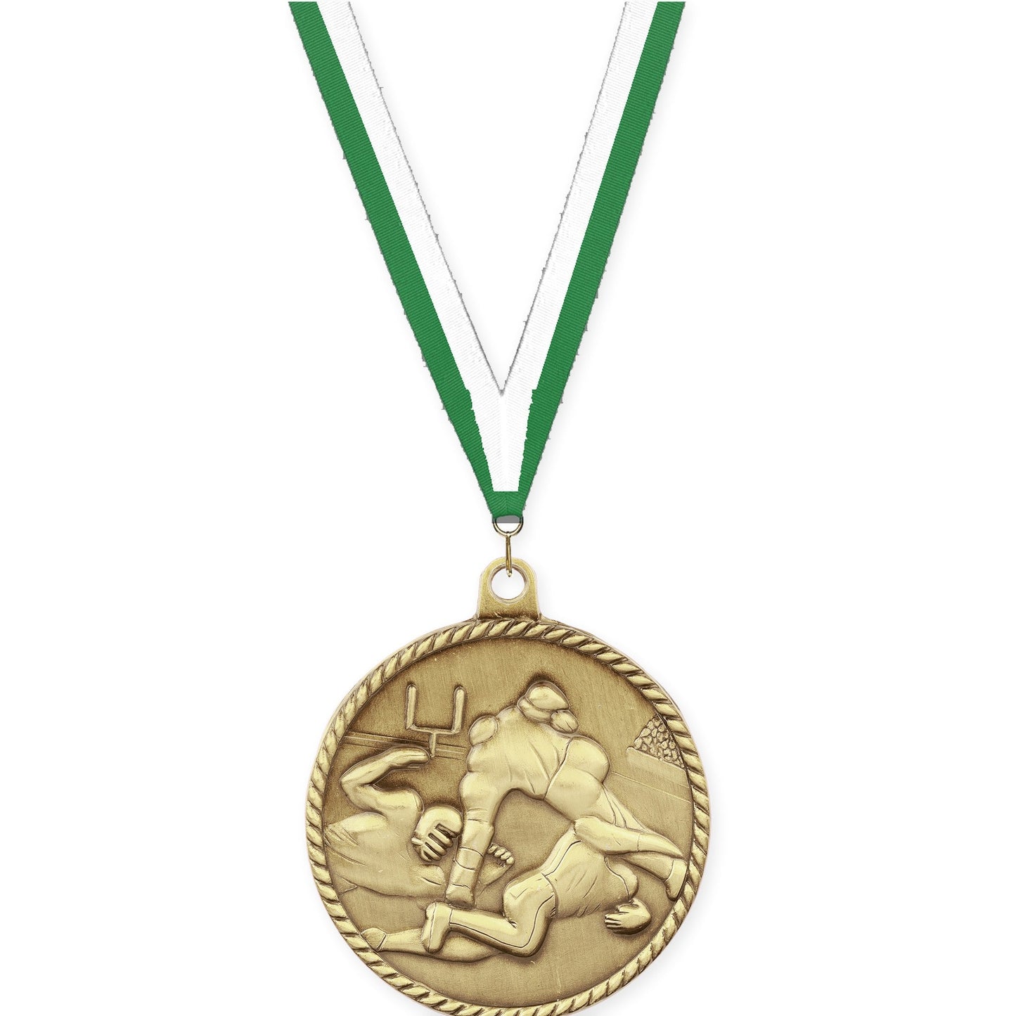 2 inch football High Relief medal in bright gold with Green White neck ribbon