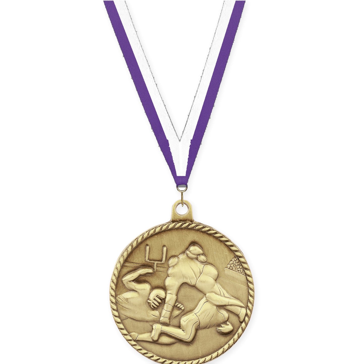 2 inch football High Relief medal in bright gold with Purple White neck ribbon