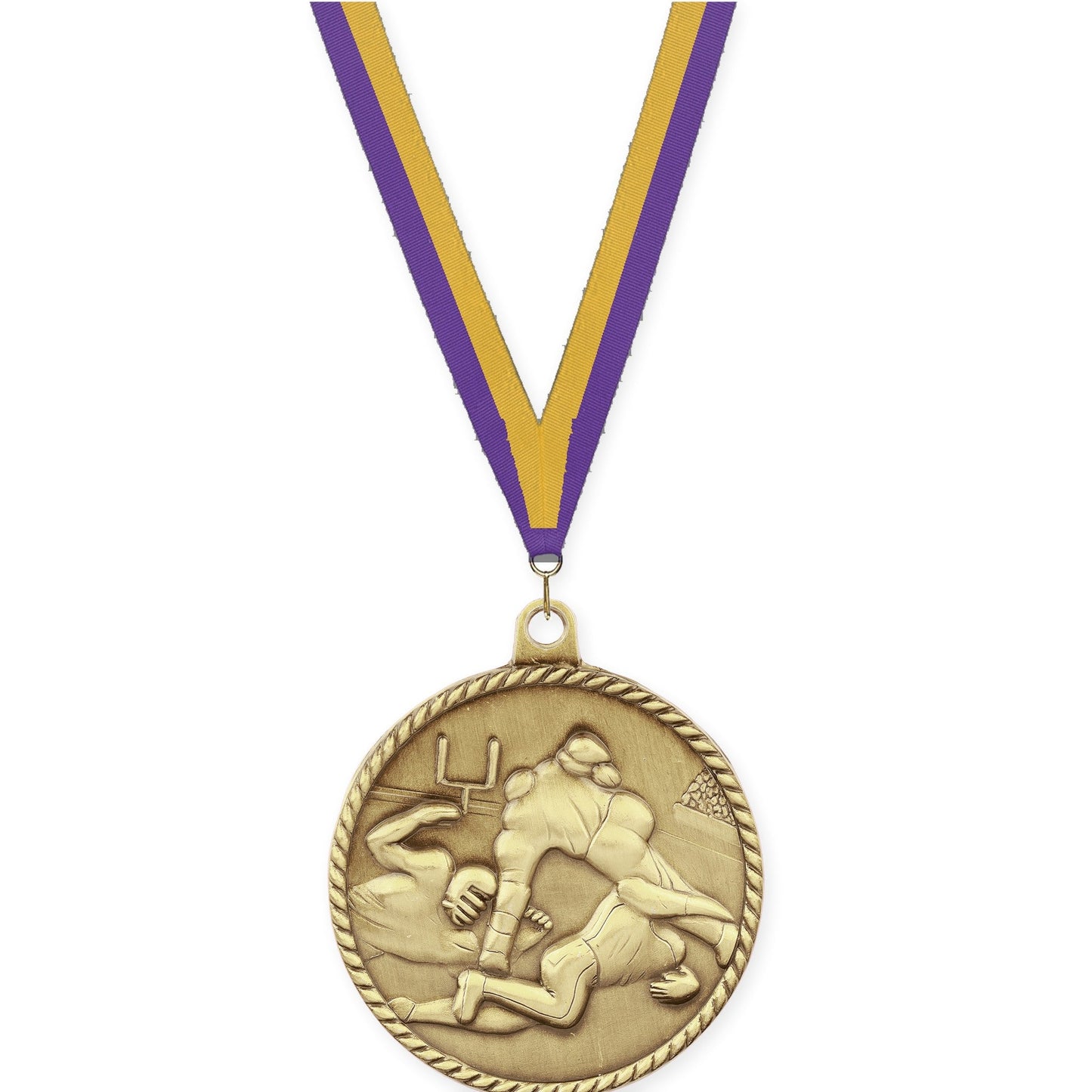 2 inch football High Relief medal in bright gold with Purple Gold neck ribbon