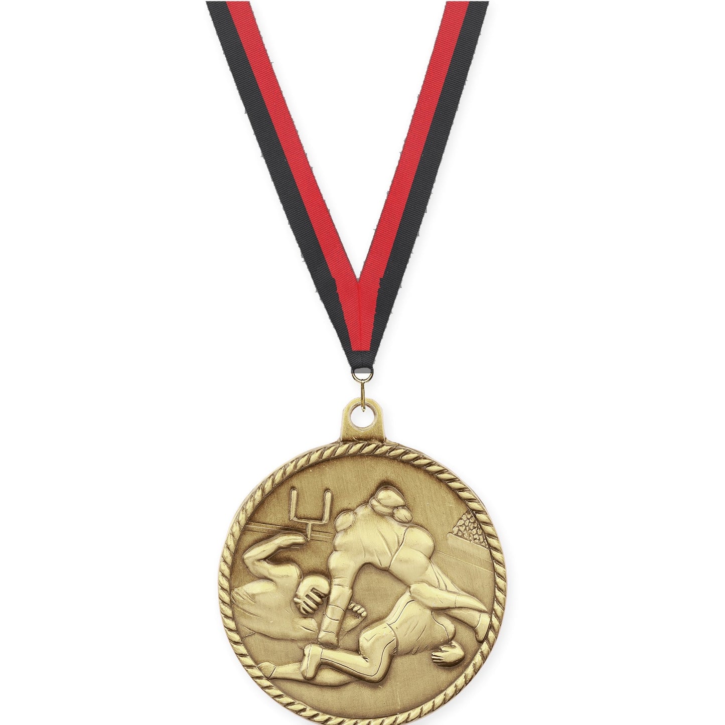 2 inch football High Relief medal in bright gold with Black Red neck ribbon