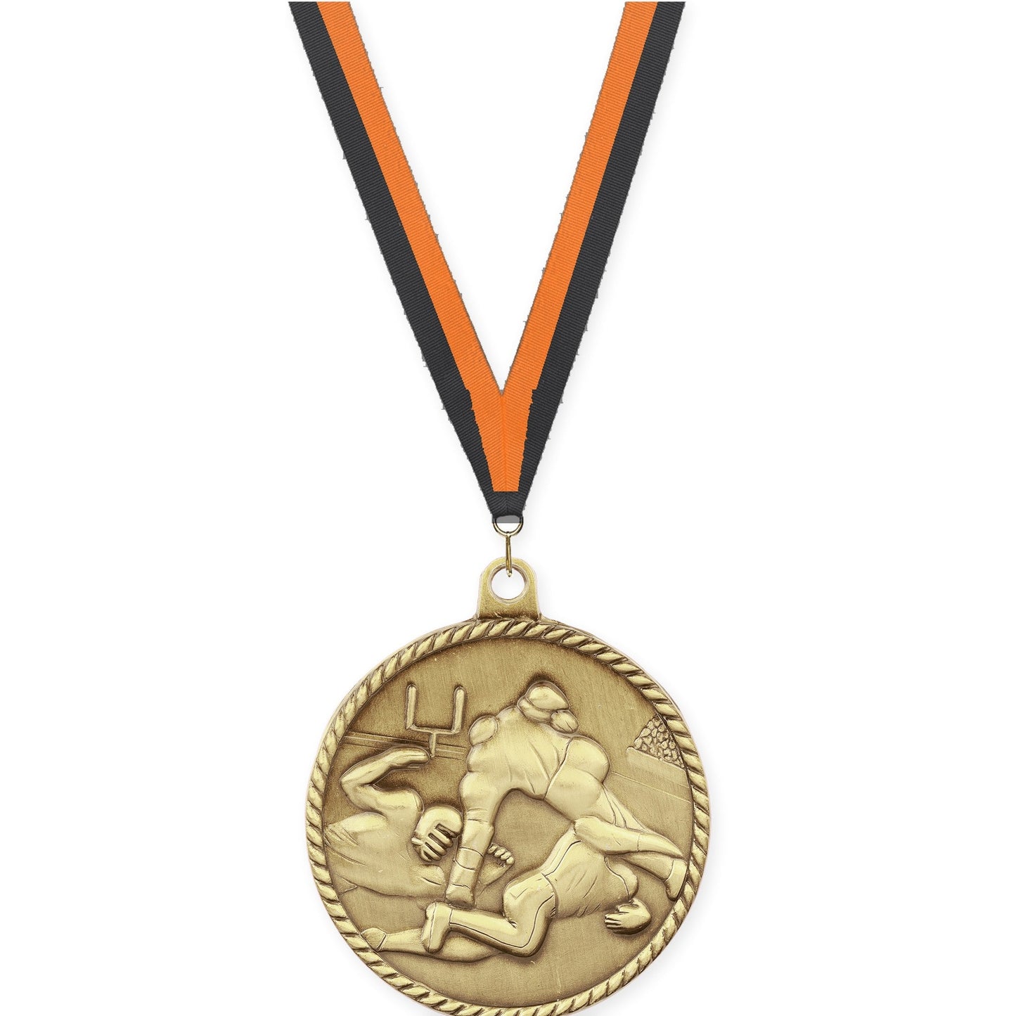 2 inch football High Relief medal in bright gold with Black Orange neck ribbon