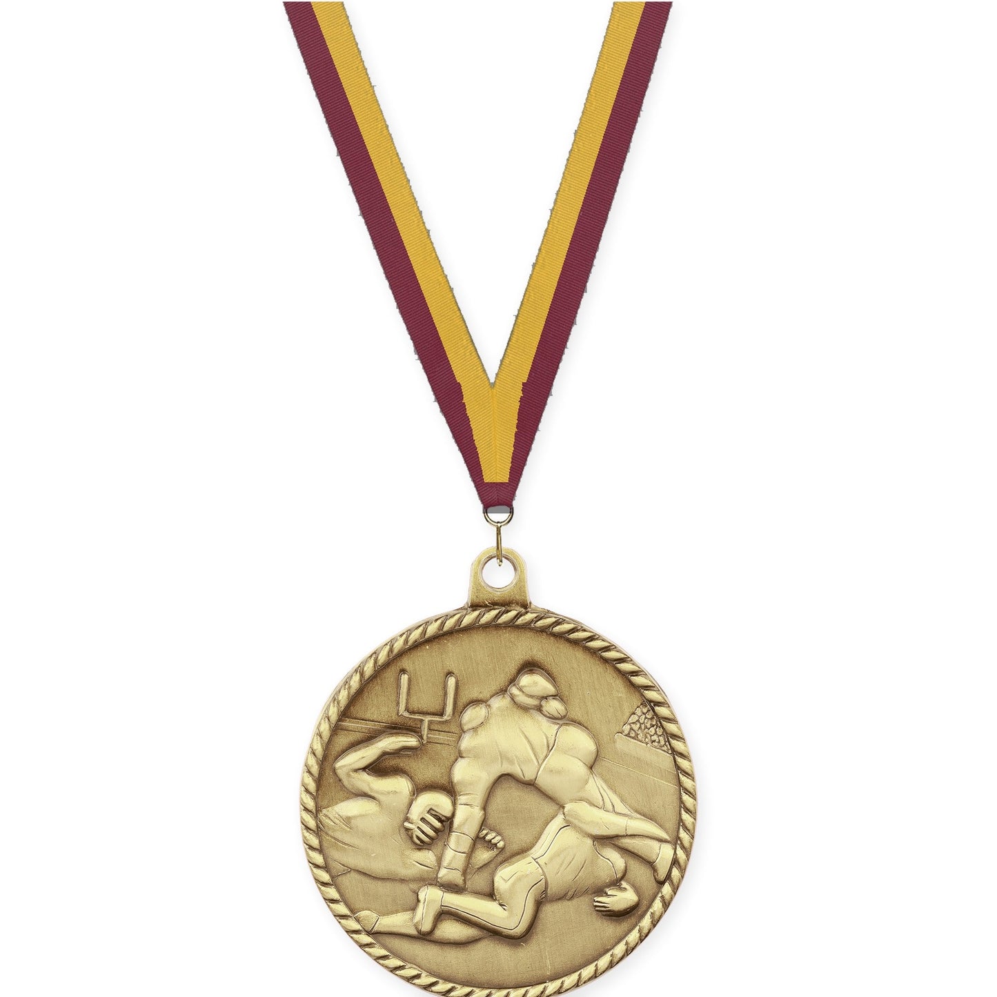 2 inch football High Relief medal in bright gold with Maroon Gold neck ribbon