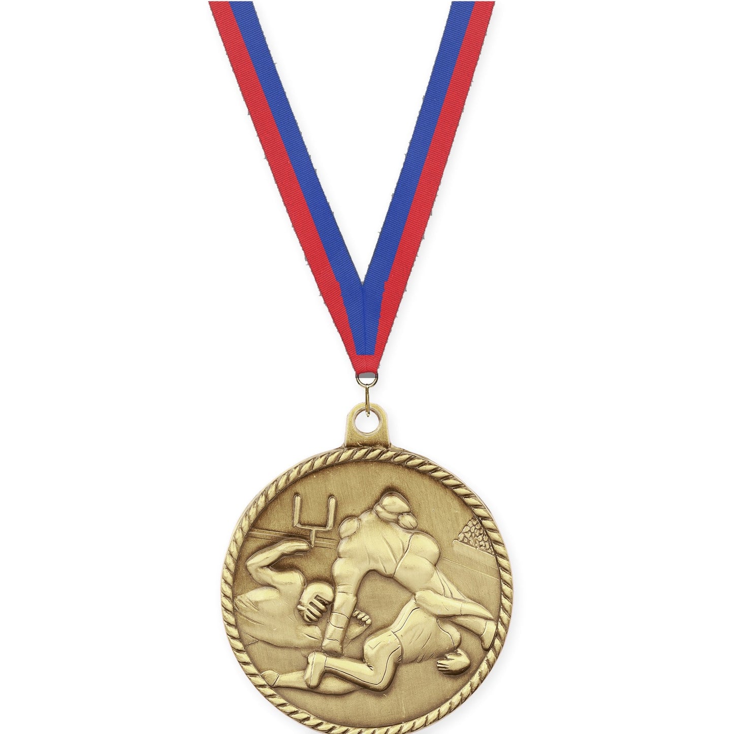 2 inch football High Relief medal in bright gold with Blue Red neck ribbon