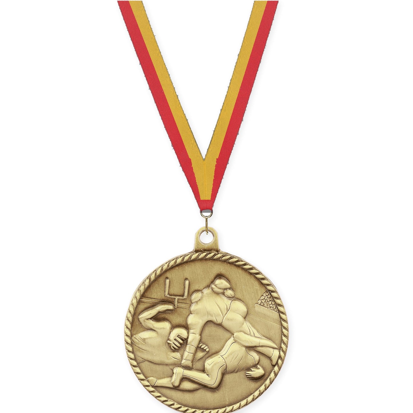 2 inch football High Relief medal in bright gold with Red Gold neck ribbon