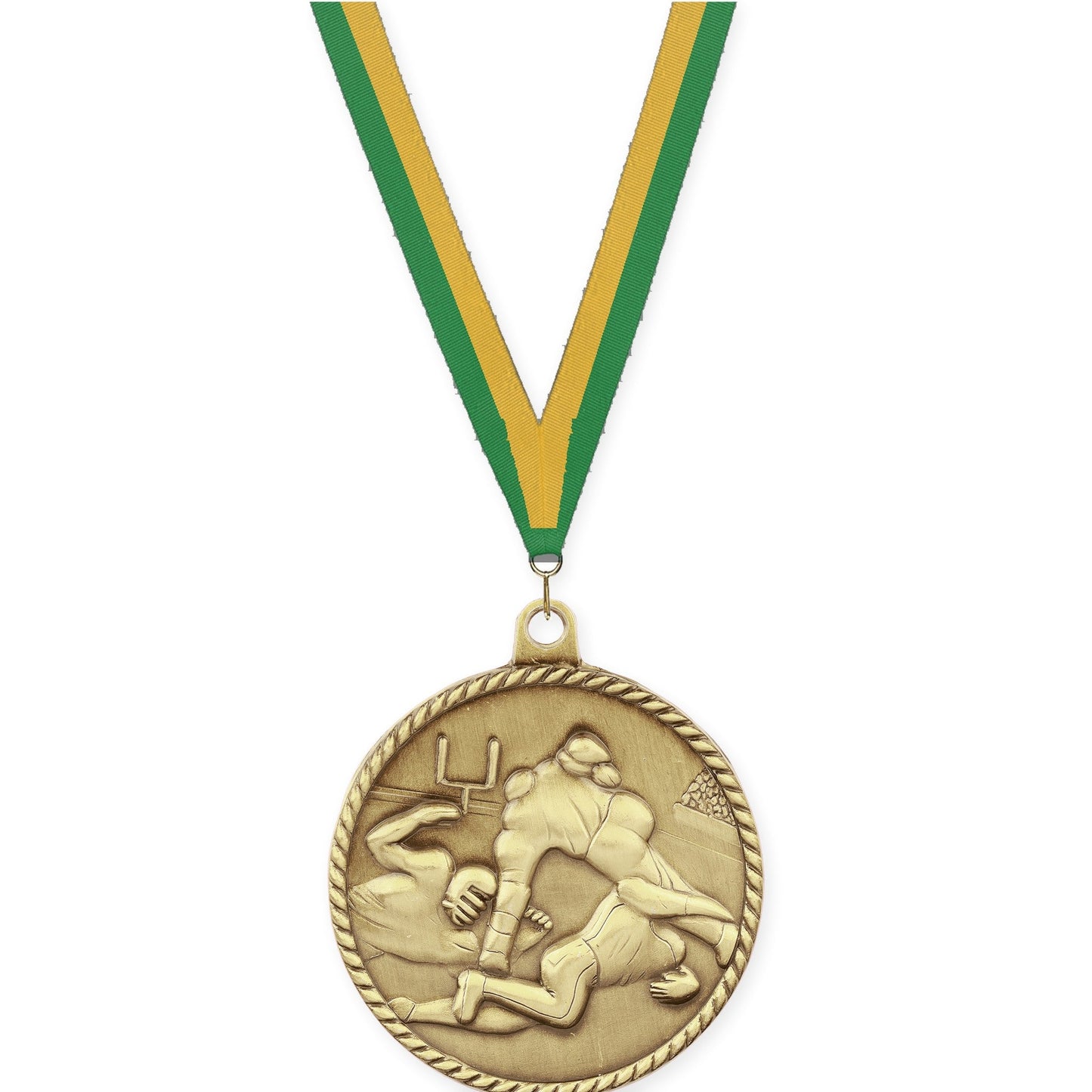 2 inch football High Relief medal in bright gold with Green Gold neck ribbon