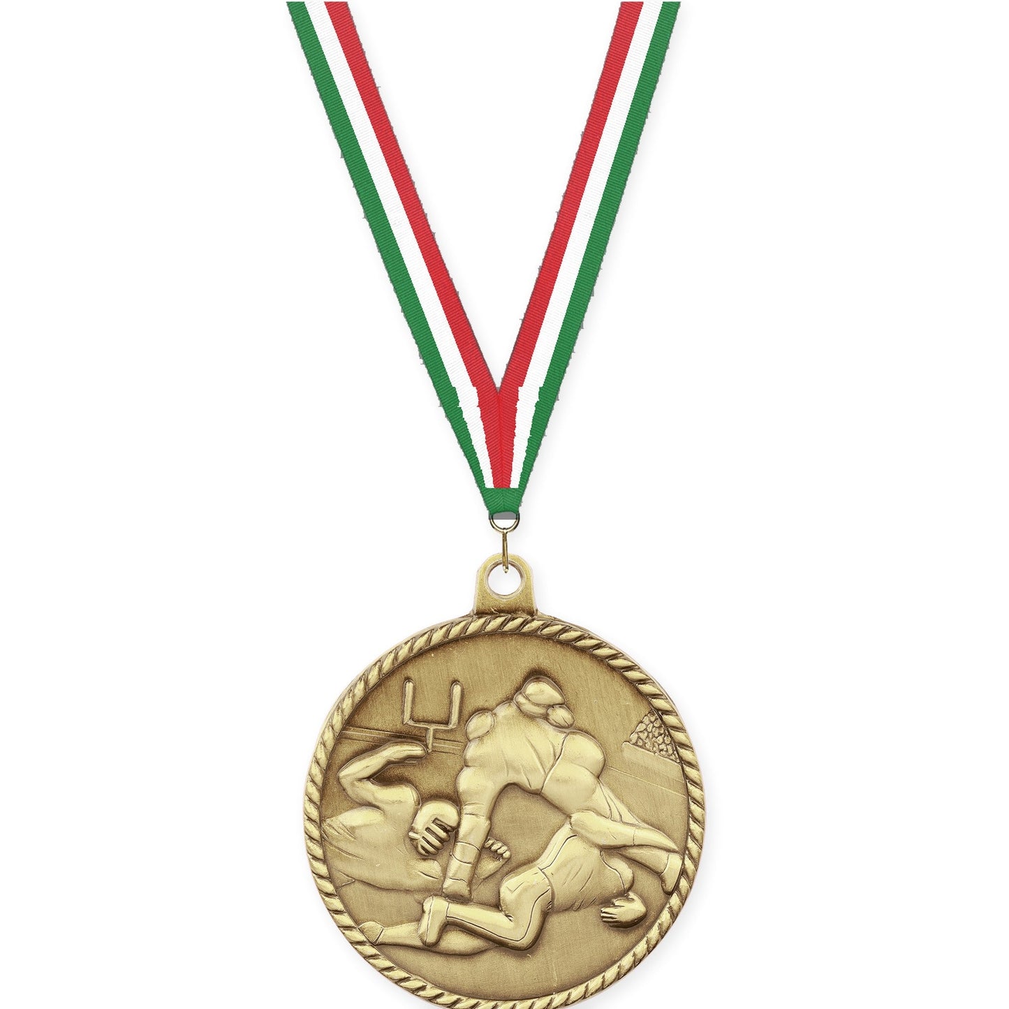 2 inch football High Relief medal in bright gold with Green White Red neck ribbon
