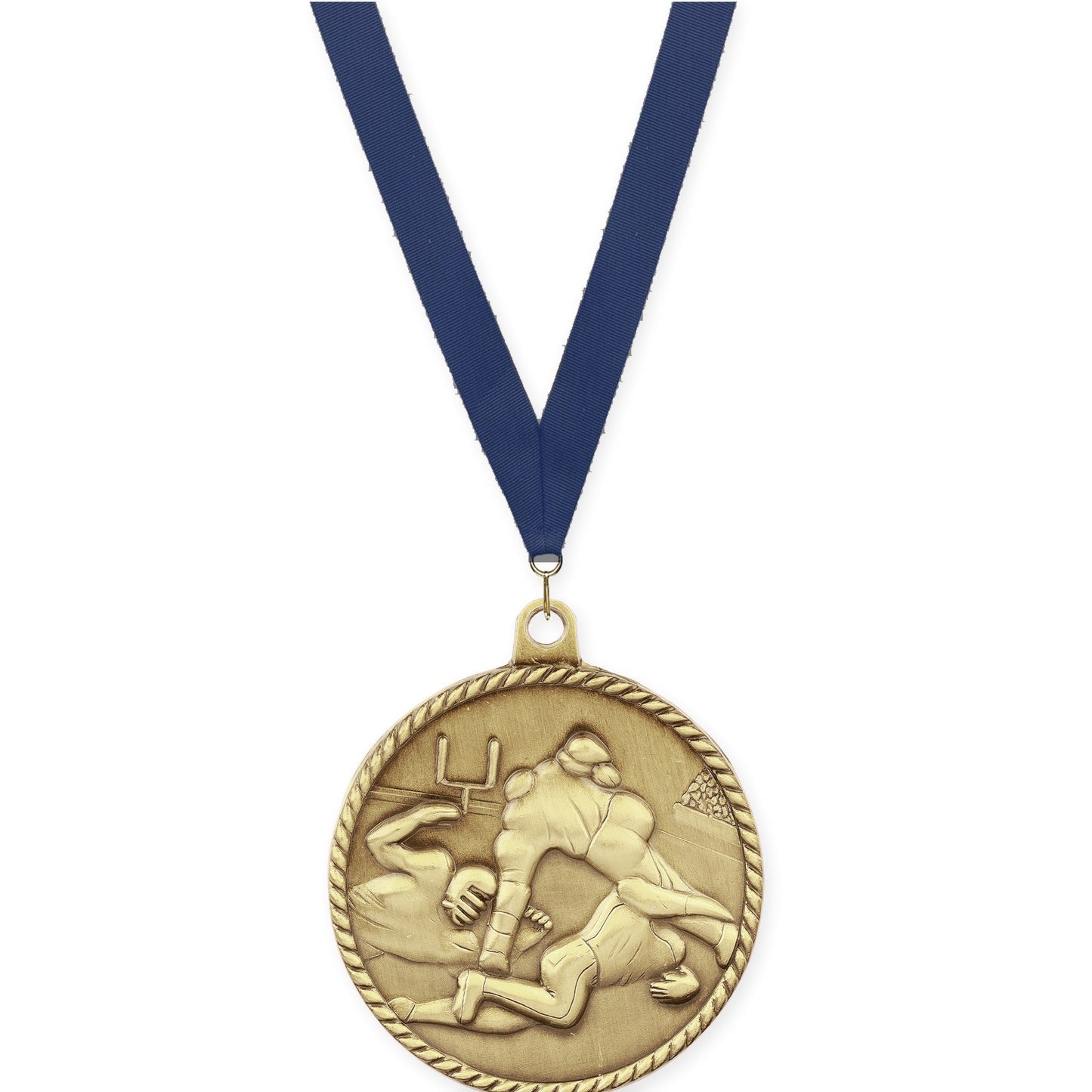 2 inch football High Relief medal in bright gold with Navy neck ribbon