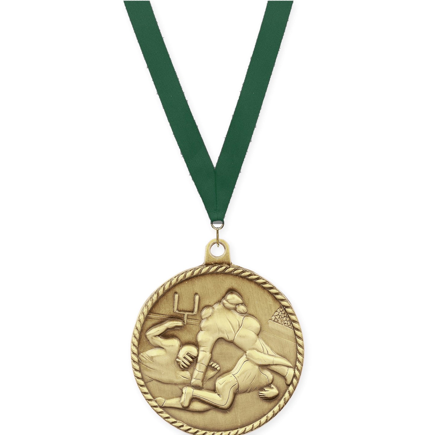 2 inch football High Relief medal in bright gold with Hunter Green neck ribbon