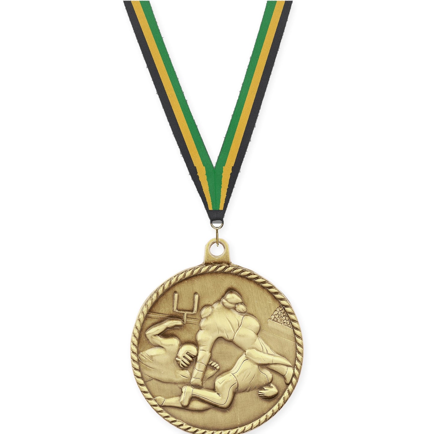 2 inch football High Relief medal in bright gold with Black Gold Green neck ribbon