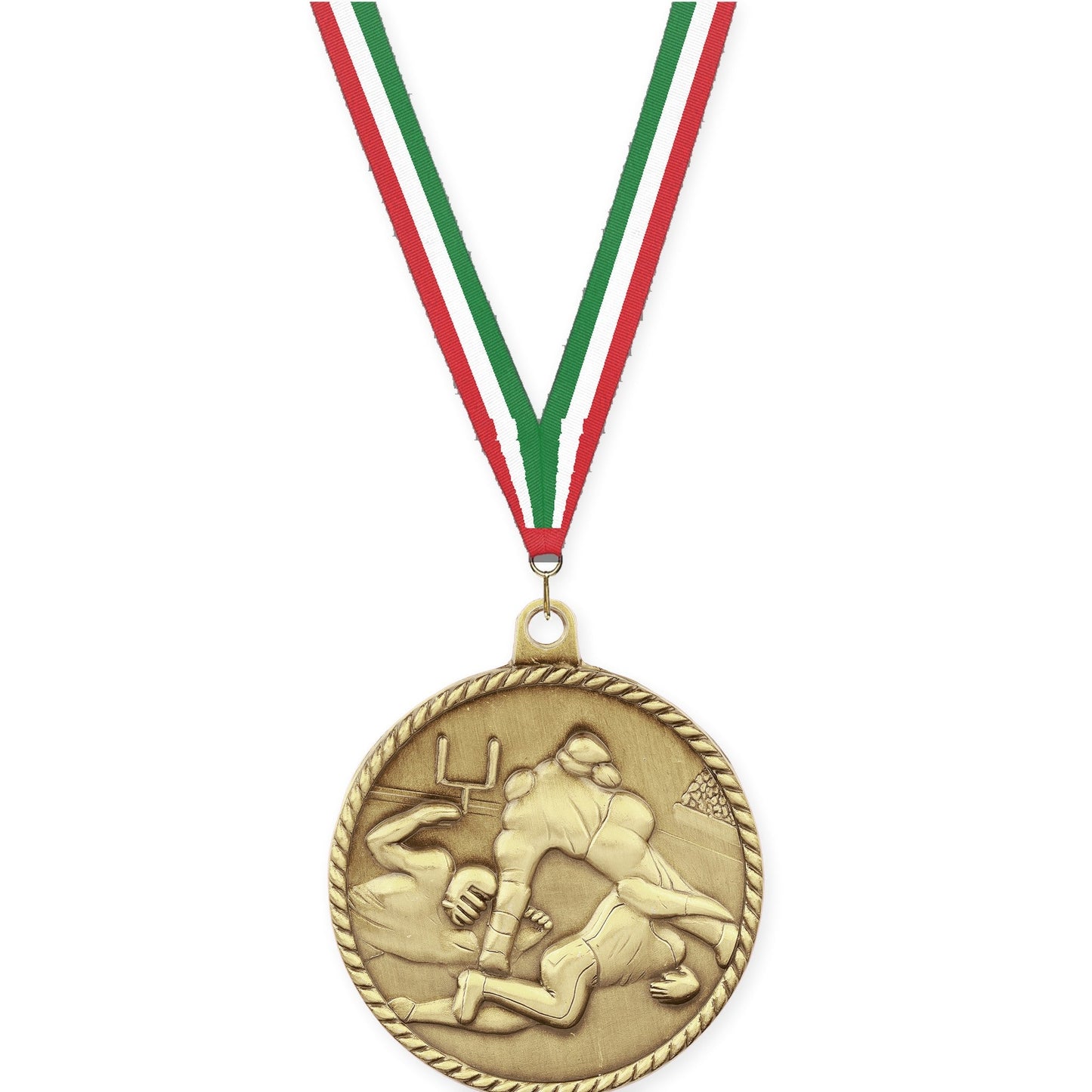 2 inch football High Relief medal in bright gold with Red White Green neck ribbon
