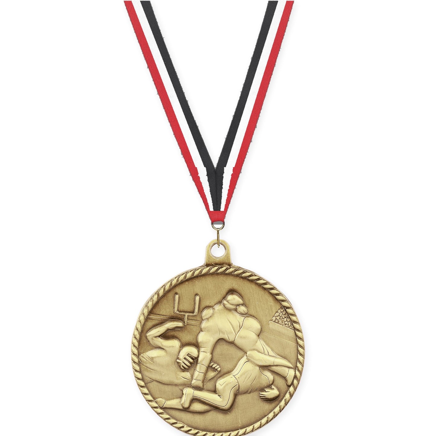 2 inch football High Relief medal in bright gold with Red White Black neck ribbon