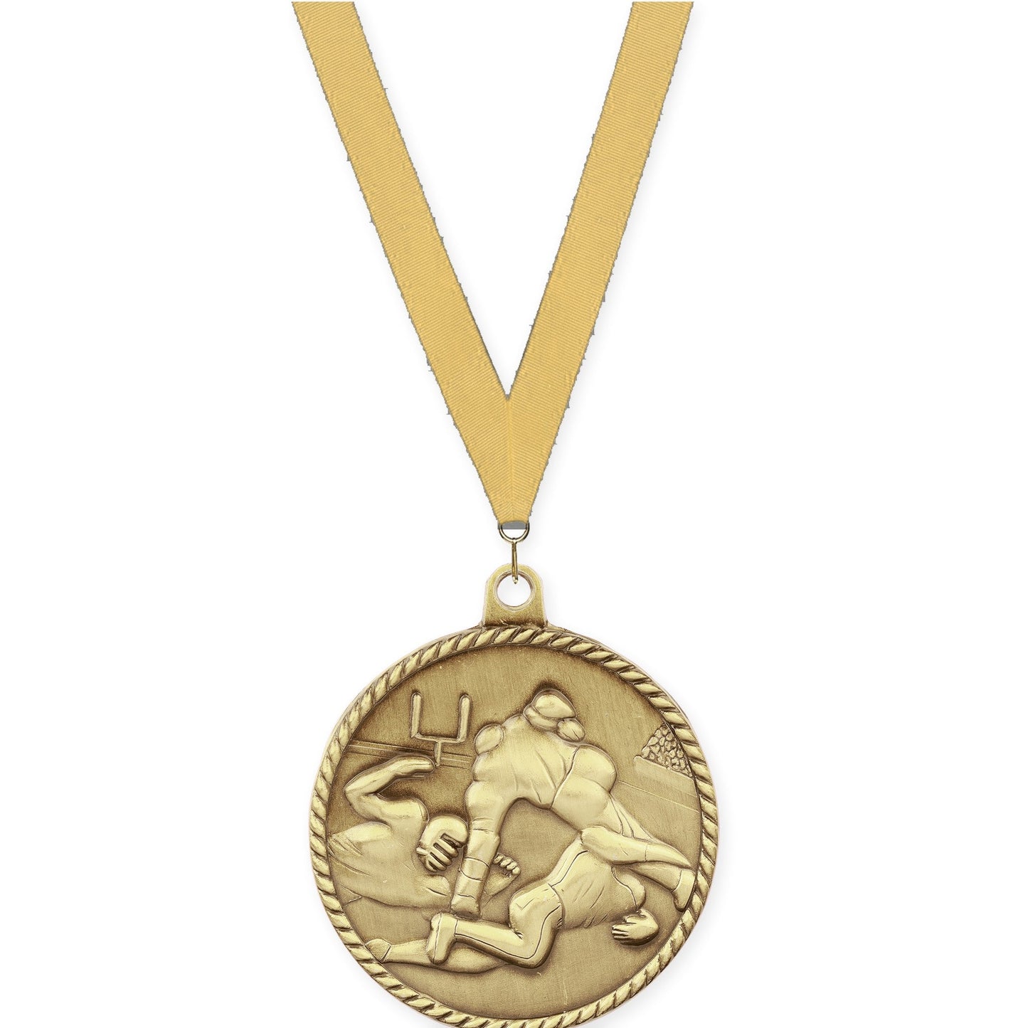 2 inch football High Relief medal in bright gold with Gold Metallic neck ribbon