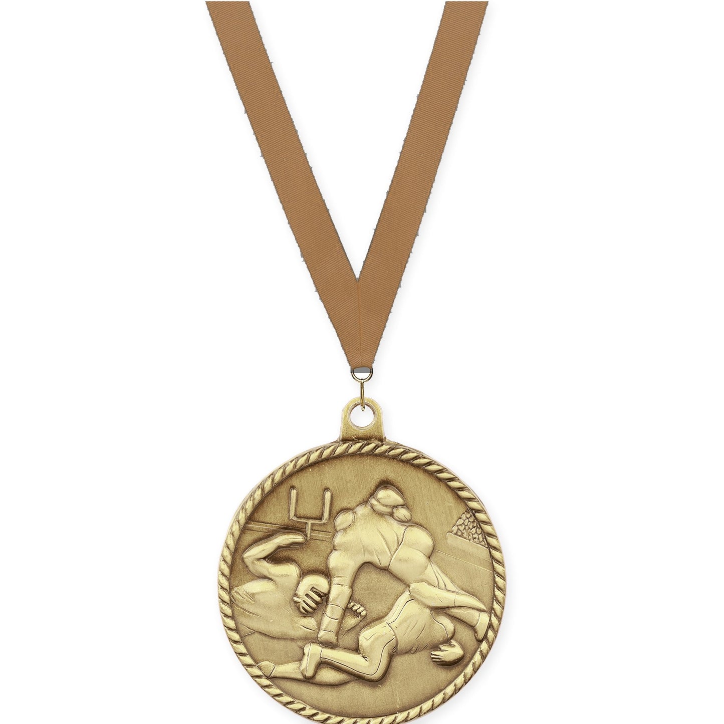 2 inch football High Relief medal in bright gold with Bronze Metallic neck ribbon