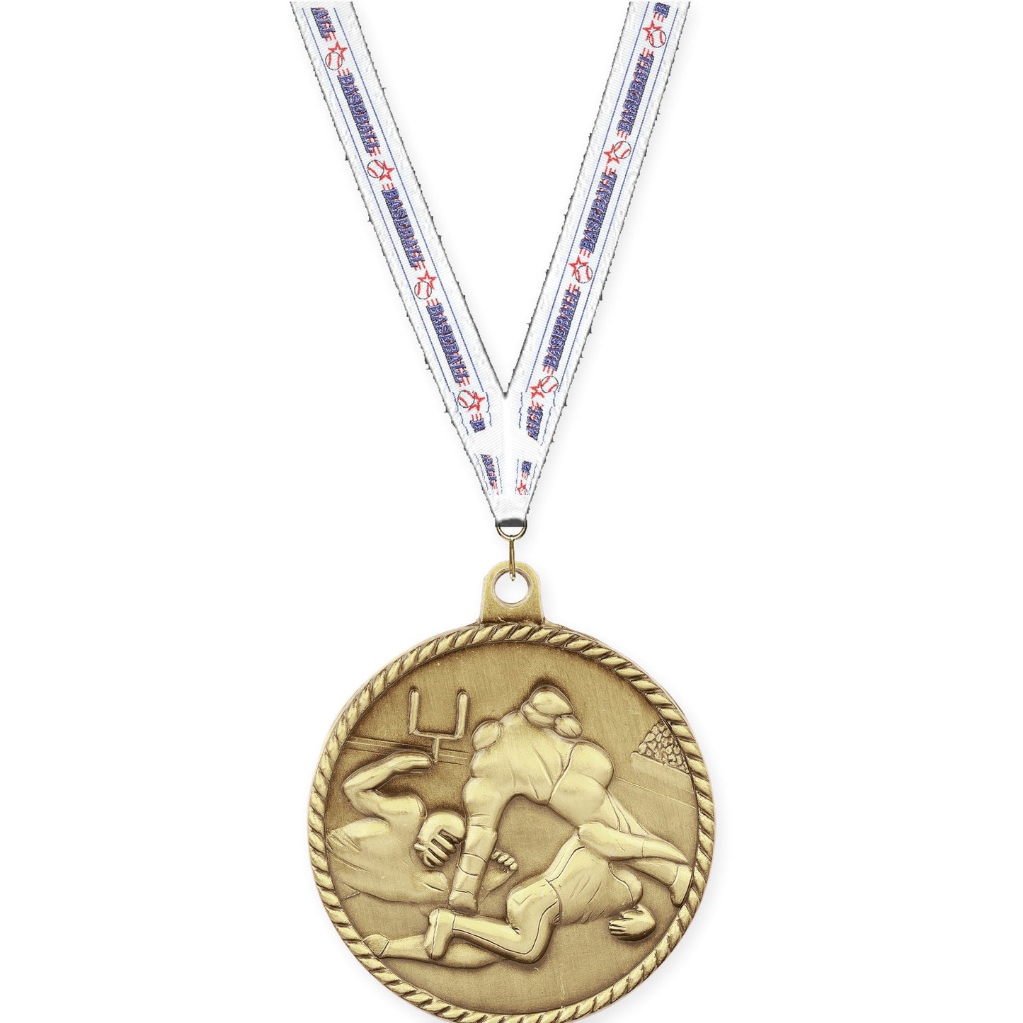 2 inch football High Relief medal in bright gold with Baseball neck ribbon