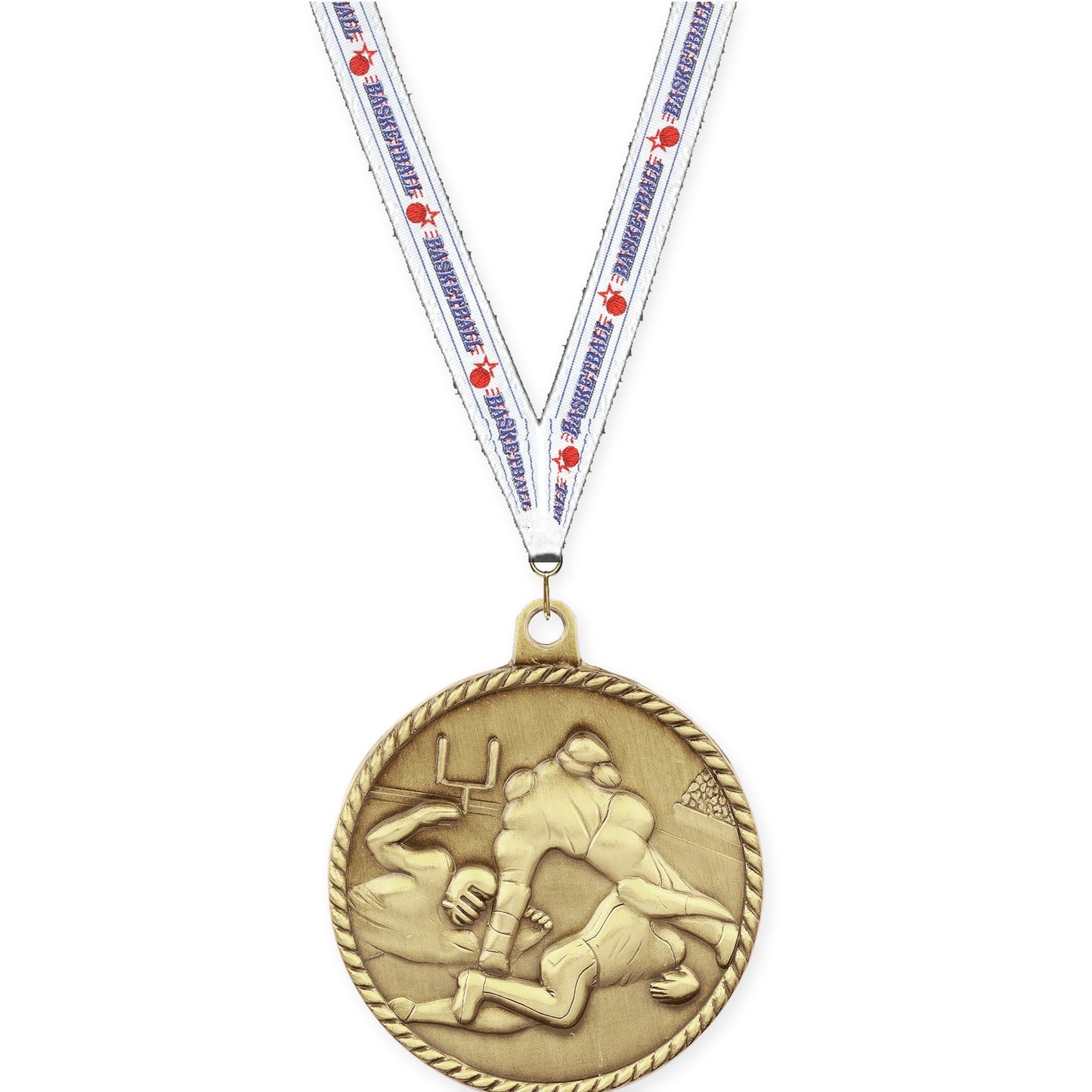 2 inch football High Relief medal in bright gold with Basketball neck ribbon