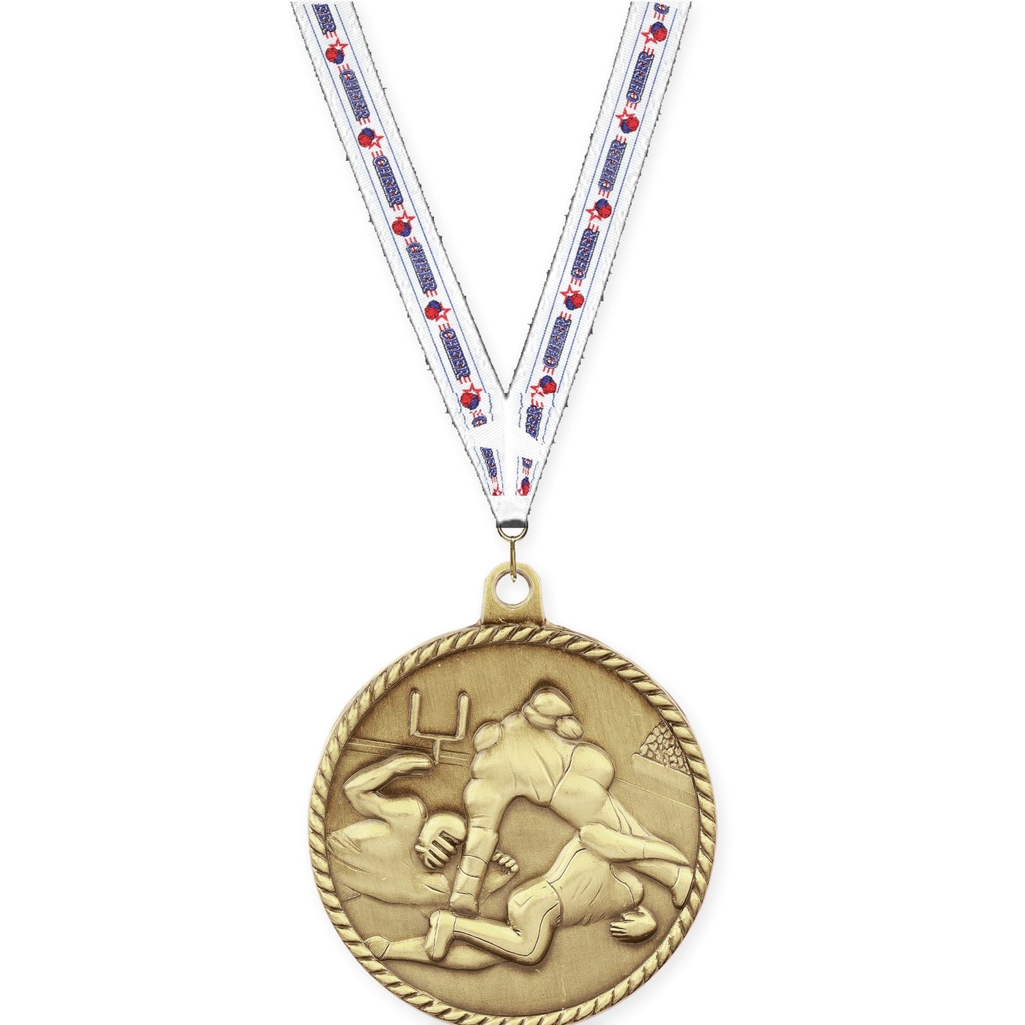 2 inch football High Relief medal in bright gold with Cheerleading neck ribbon