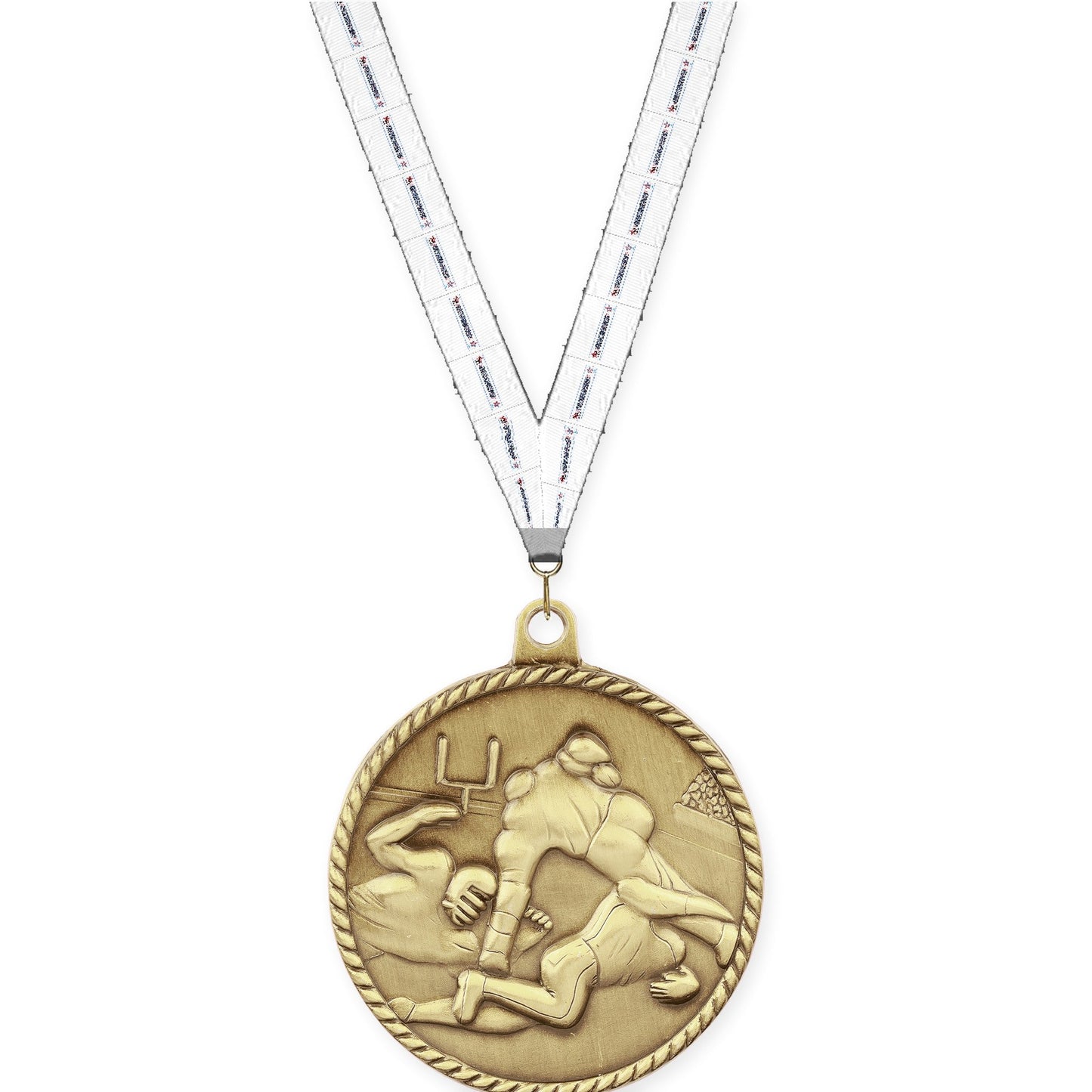 2 inch football High Relief medal in bright gold with Gymnastics neck ribbon