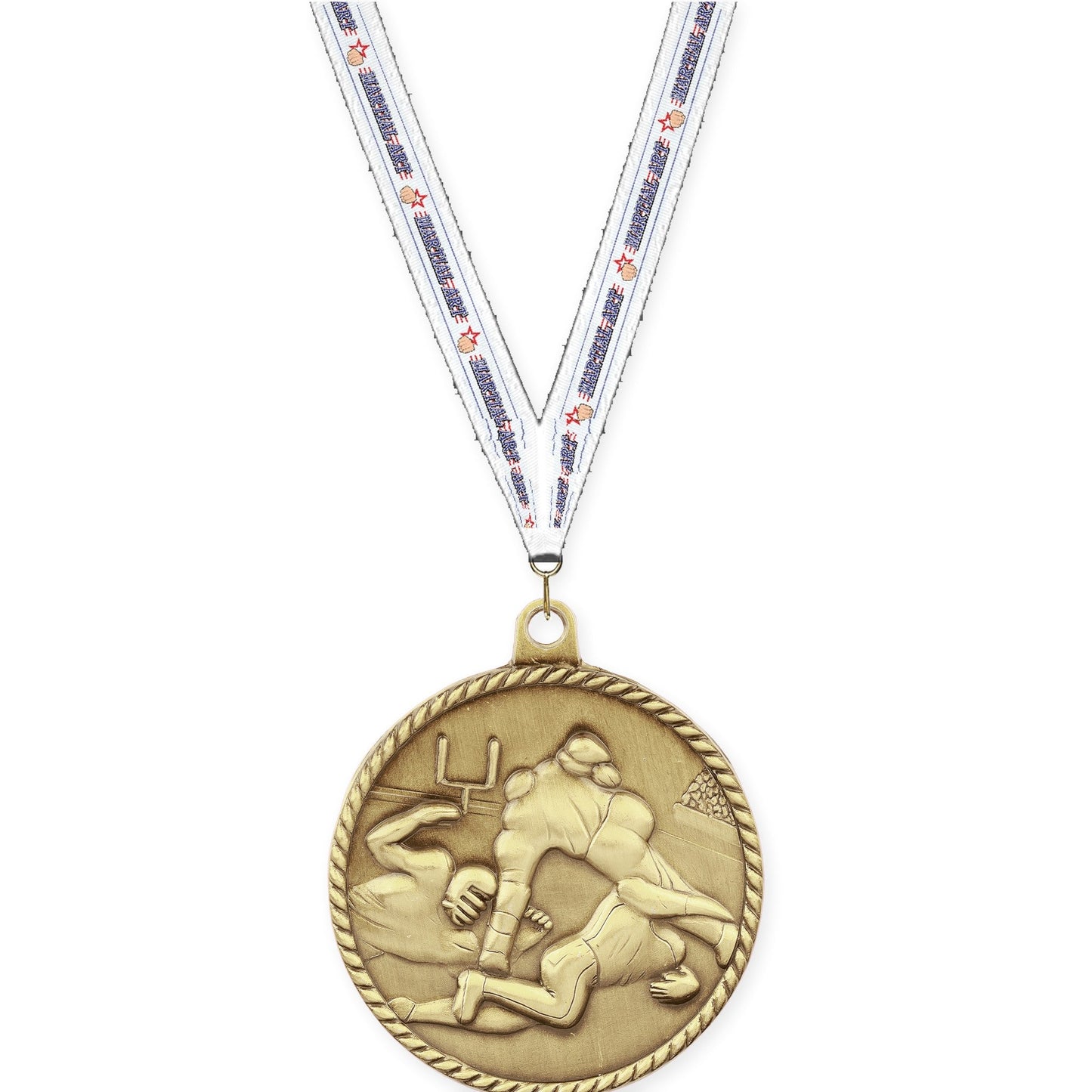 2 inch football High Relief medal in bright gold with Martial Arts neck ribbon