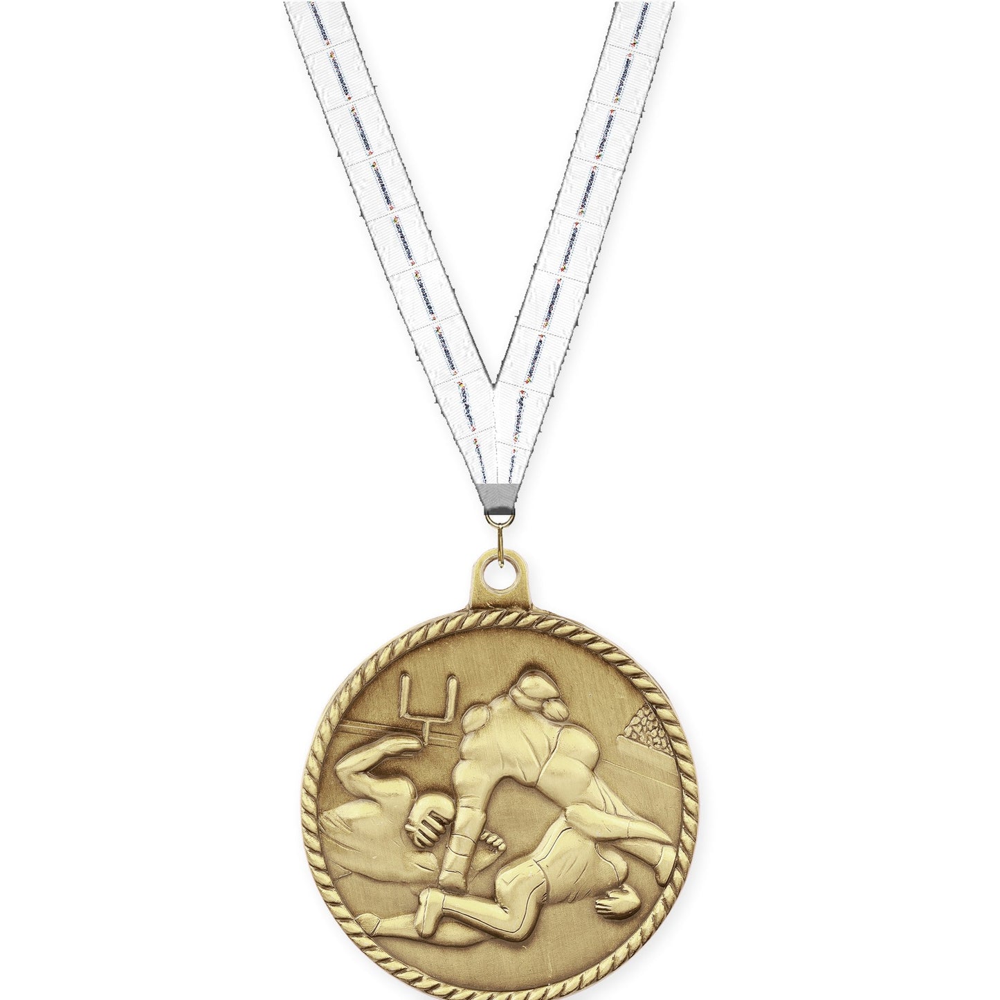 2 inch football High Relief medal in bright gold with Lamp Of Knowledge neck ribbon
