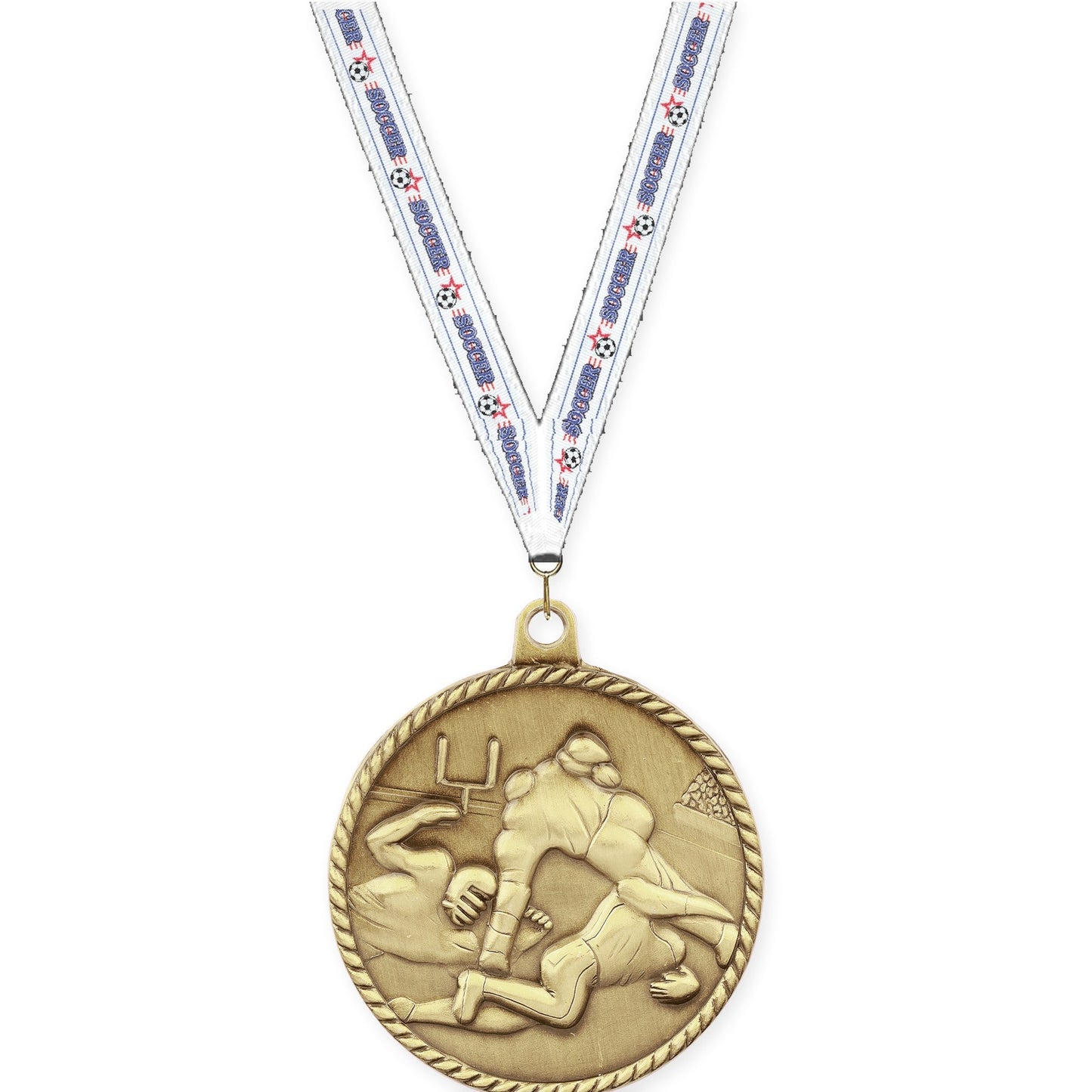 2 inch football High Relief medal in bright gold with Soccer neck ribbon