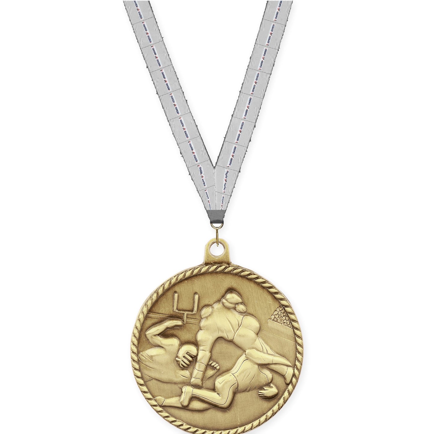 2 inch football High Relief medal in bright gold with Auto Racing neck ribbon