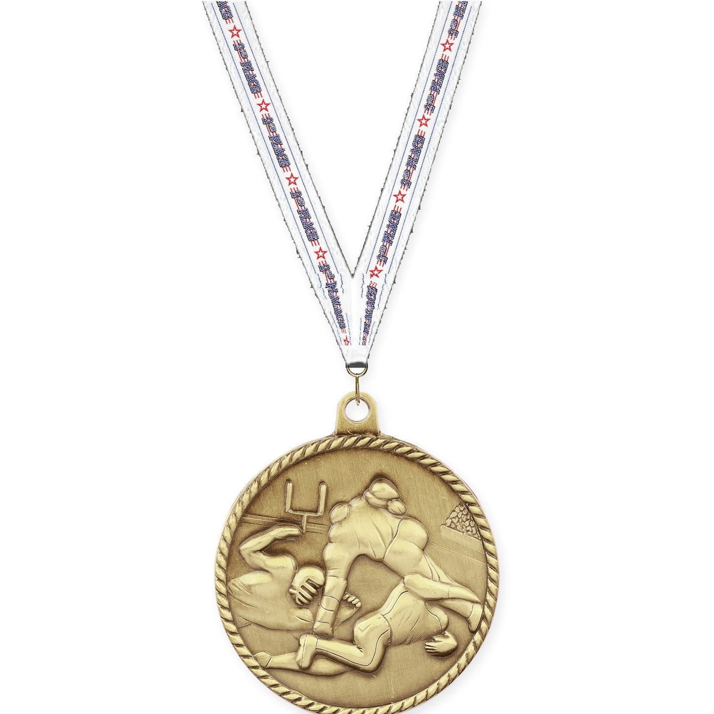 2 inch football High Relief medal in bright gold with 2nd Place neck ribbon