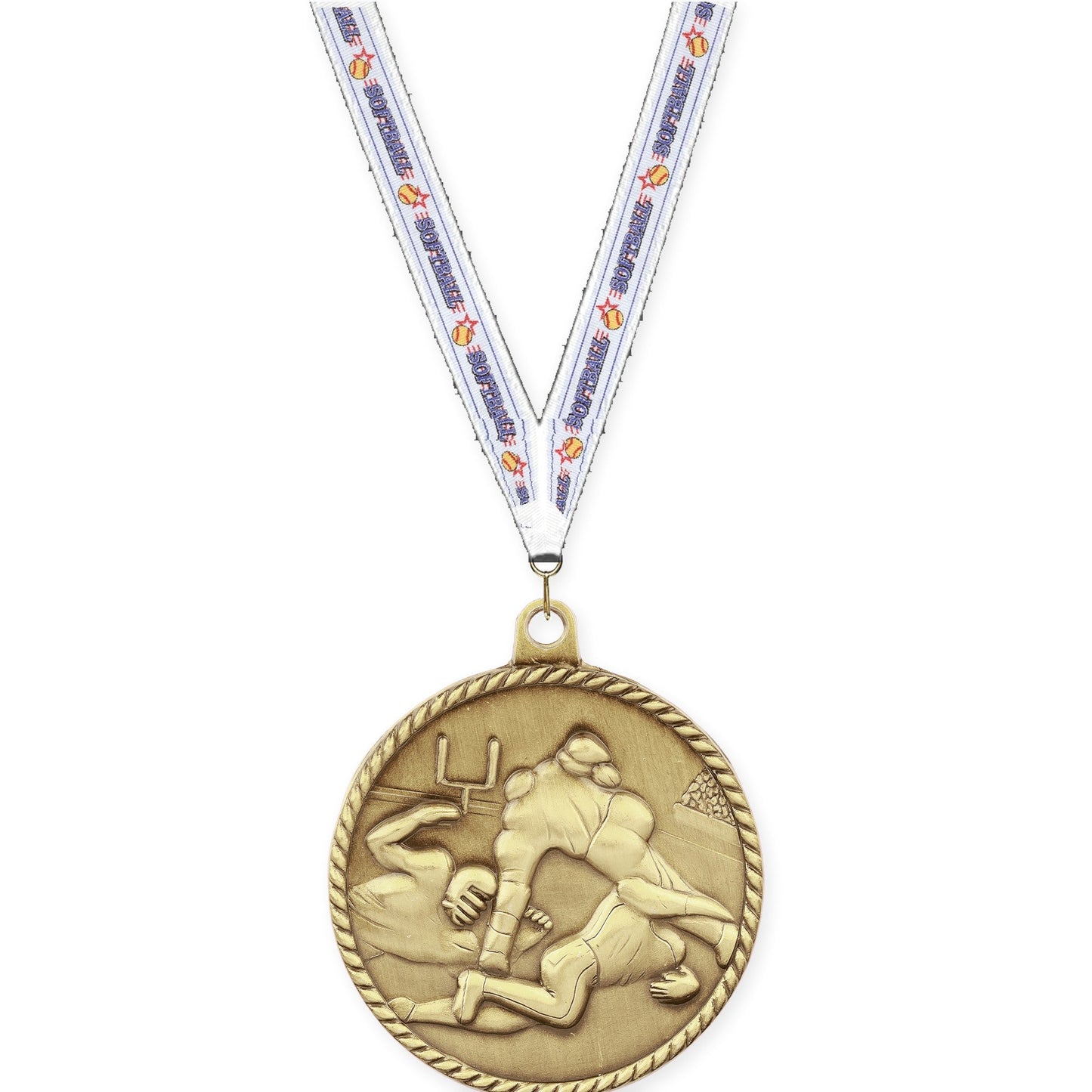 2 inch football High Relief medal in bright gold with Softball neck ribbon