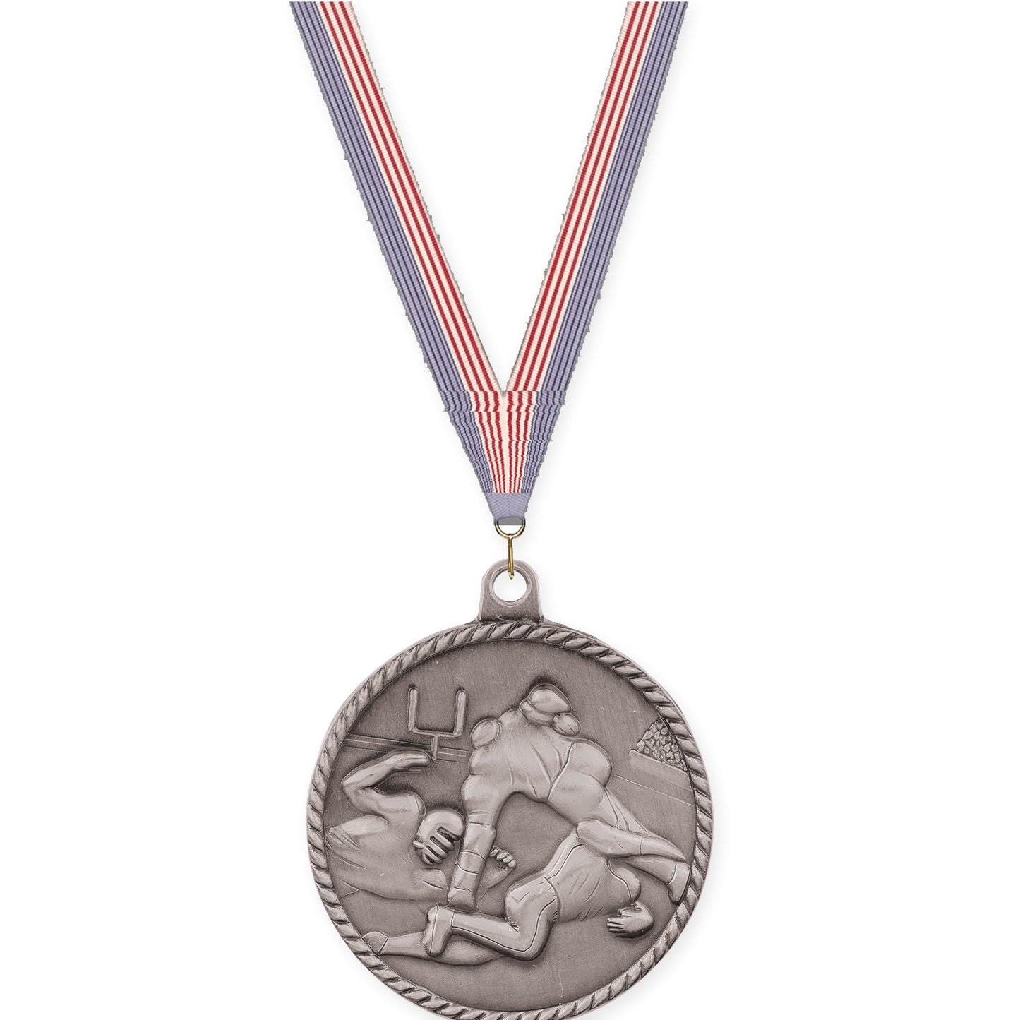 2 inch football High Relief medal in bright silver with USA Flag neck ribbon