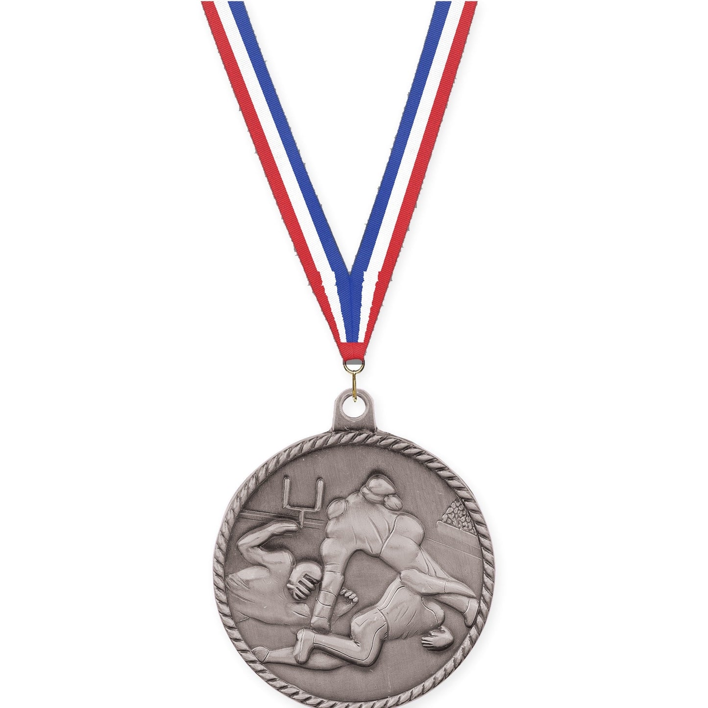 2 inch football High Relief medal in bright silver with Red White Blue neck ribbon