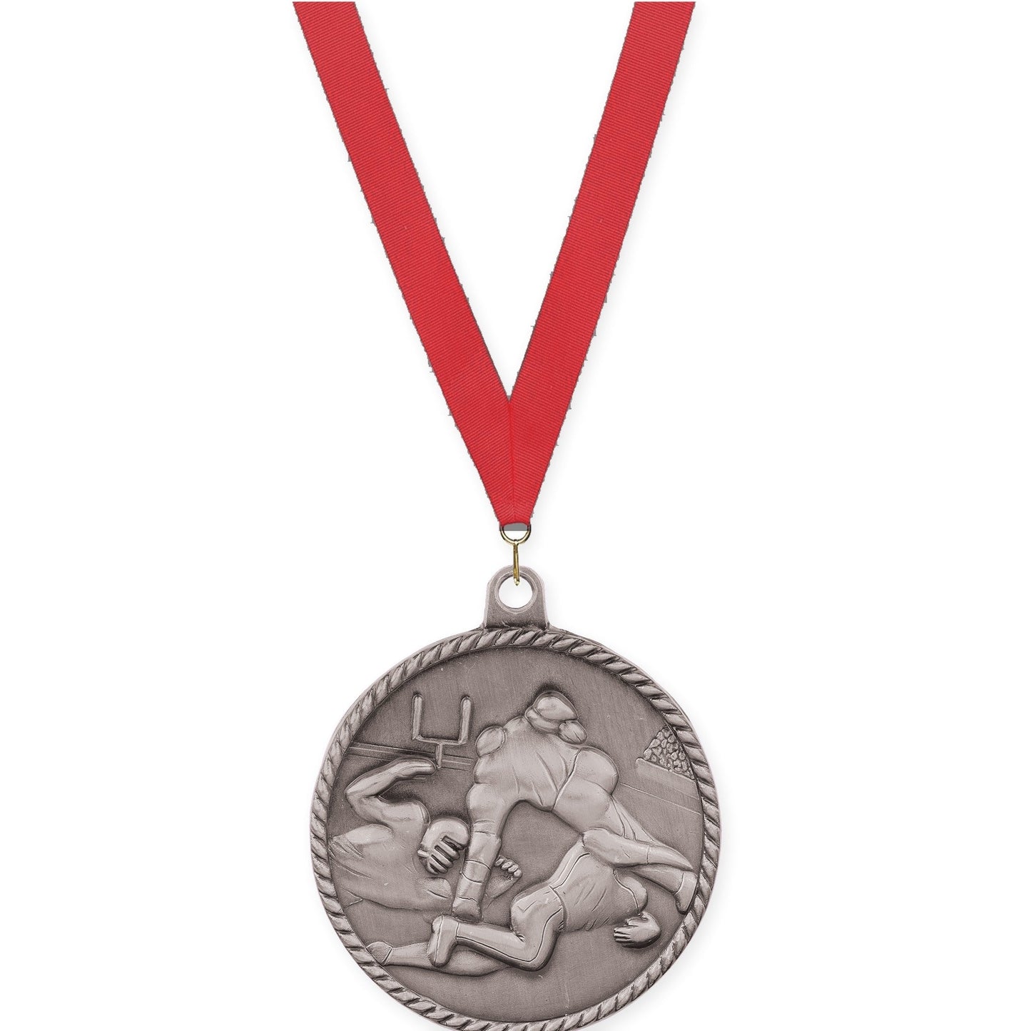 2 inch football High Relief medal in bright silver with Red neck ribbon