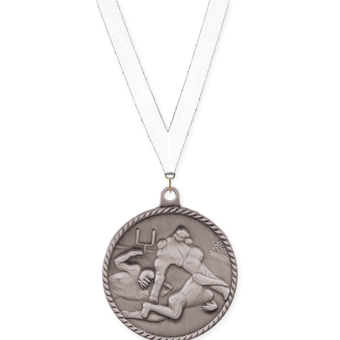 2 inch football High Relief medal in bright silver with White neck ribbon