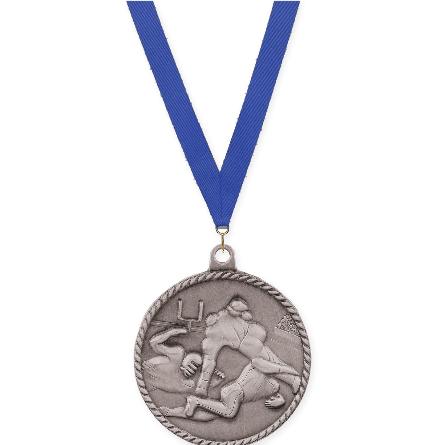 2 inch football High Relief medal in bright silver with Blue neck ribbon