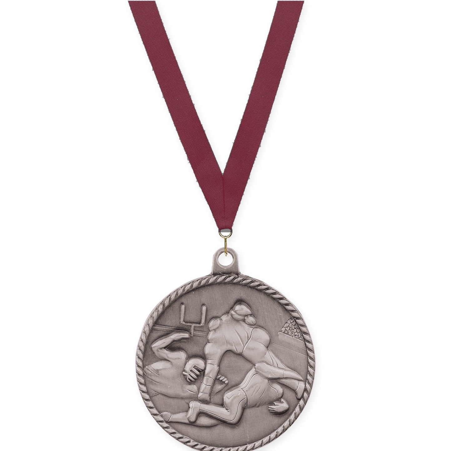 2 inch football High Relief medal in bright silver with Maroon neck ribbon