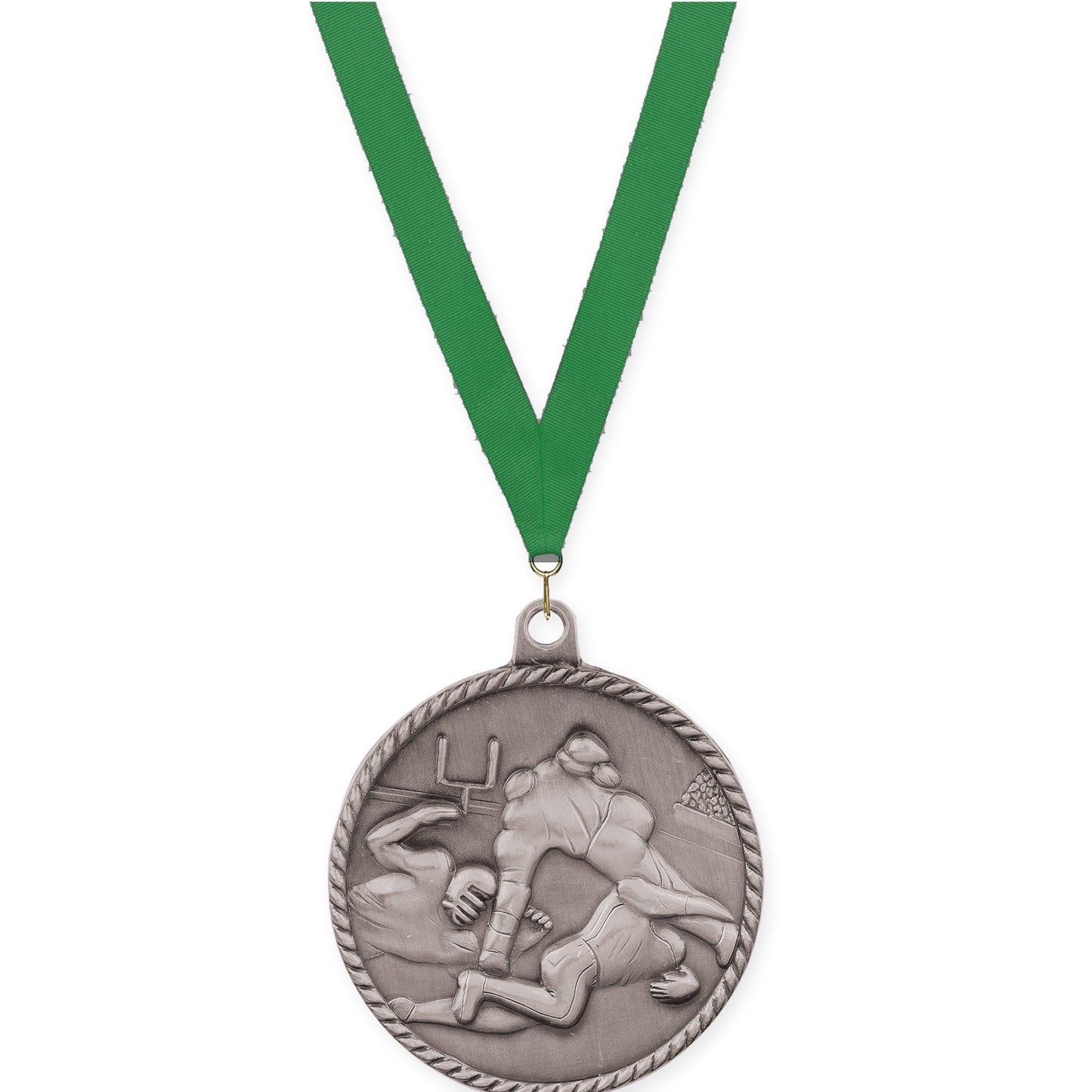 2 inch football High Relief medal in bright silver with Green neck ribbon