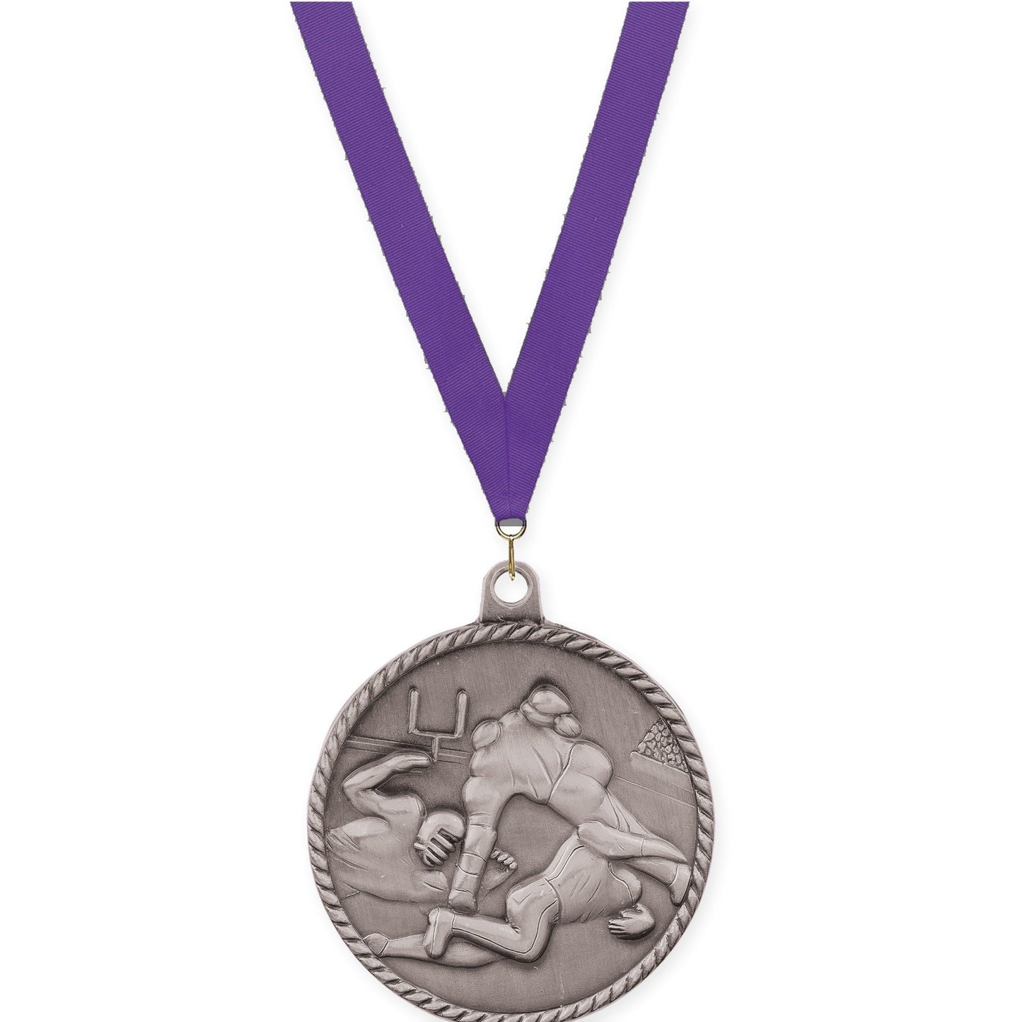 2 inch football High Relief medal in bright silver with Purple neck ribbon