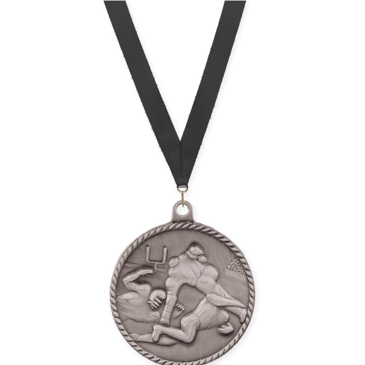 2 inch football High Relief medal in bright silver with Black neck ribbon