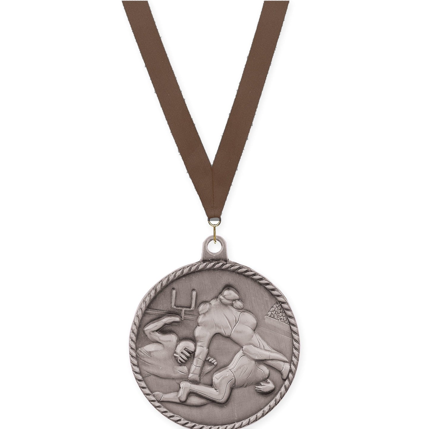 2 inch football High Relief medal in bright silver with Brown neck ribbon