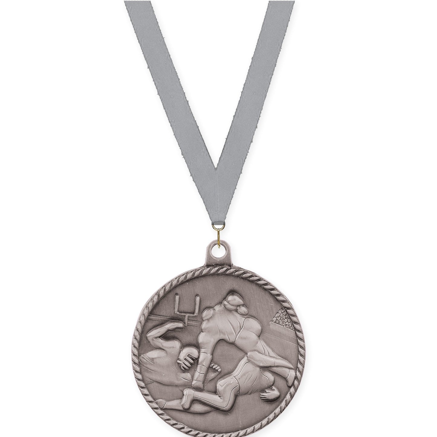 2 inch football High Relief medal in bright silver with Gray neck ribbon
