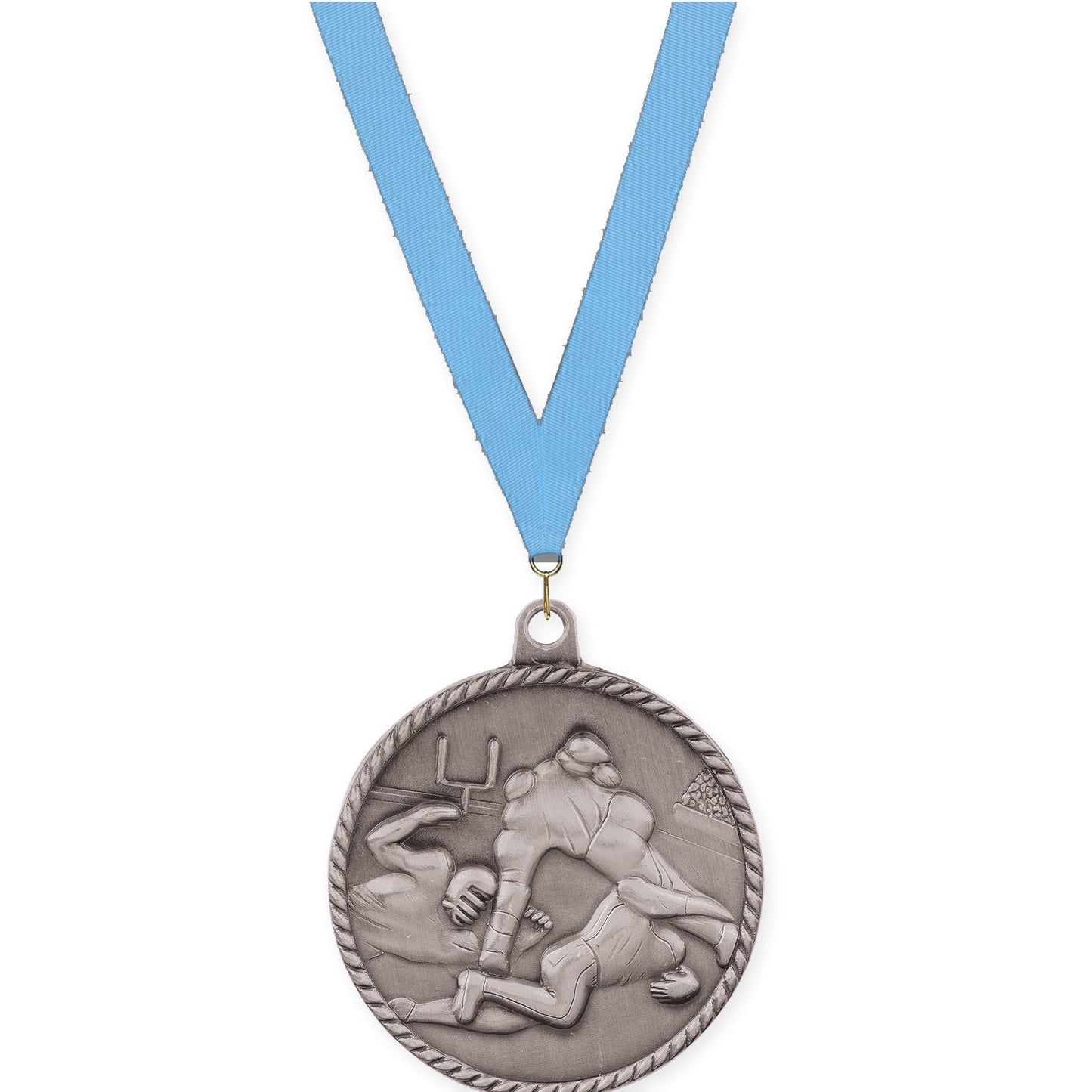 2 inch football High Relief medal in bright silver with Light Blue neck ribbon