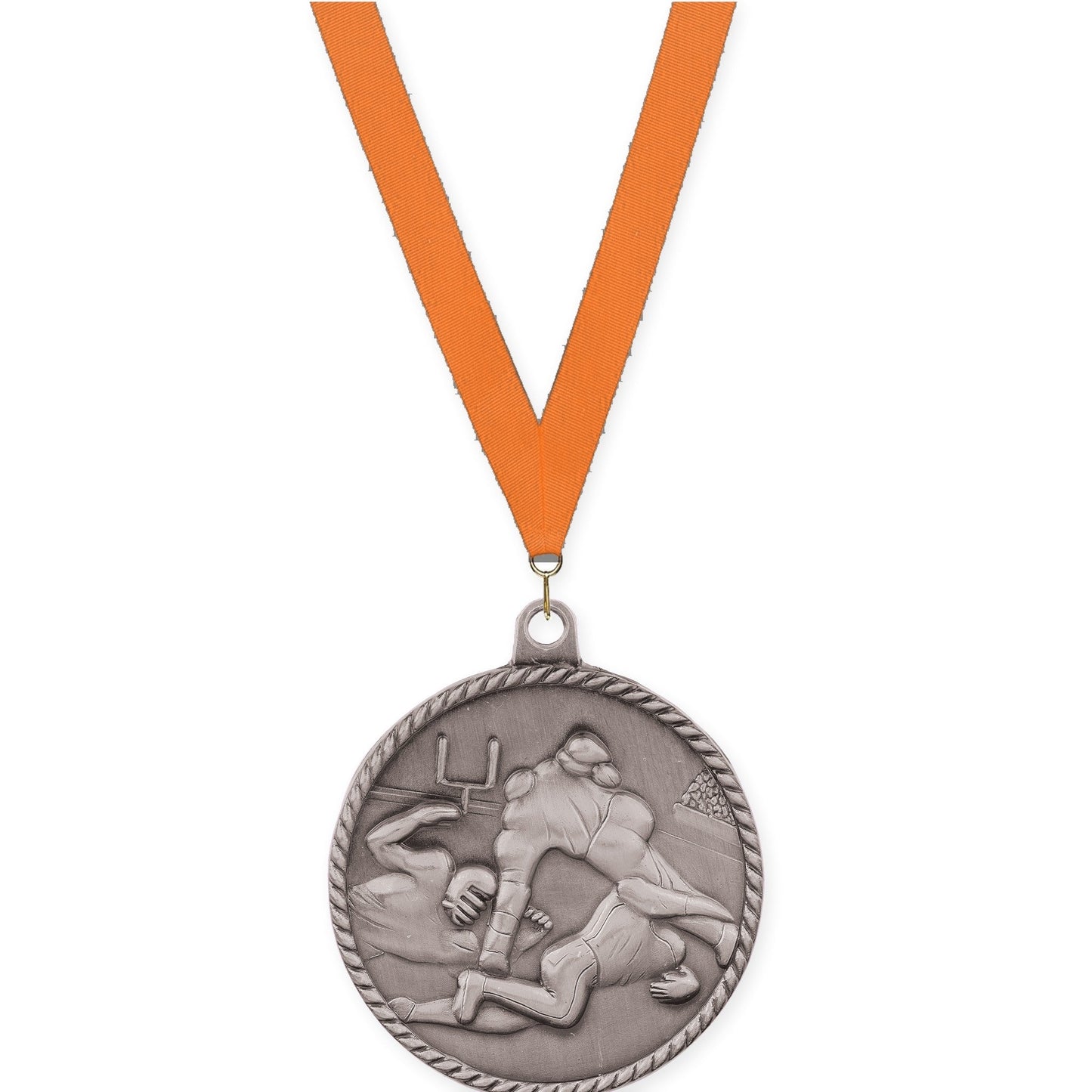 2 inch football High Relief medal in bright silver with Orange neck ribbon